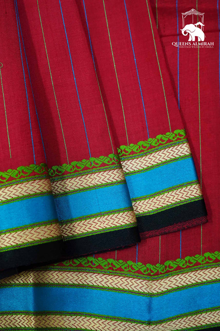 RUBY RED WITH MULTICOLOR BORDER MULBERRY SILK SAREE - Queens Jewel Emporium