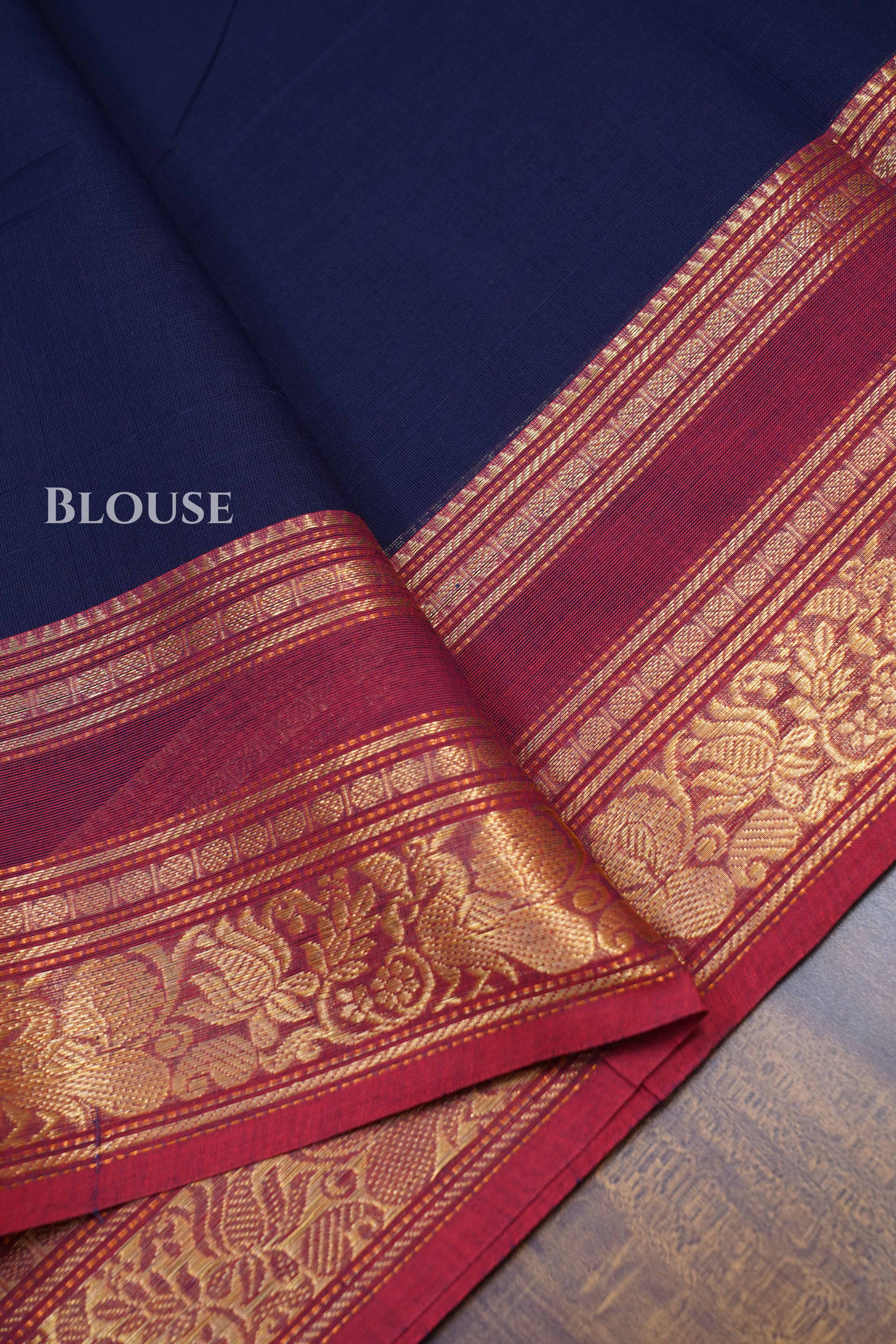 Dark Navy With Red Kanchi Cotton Saree
