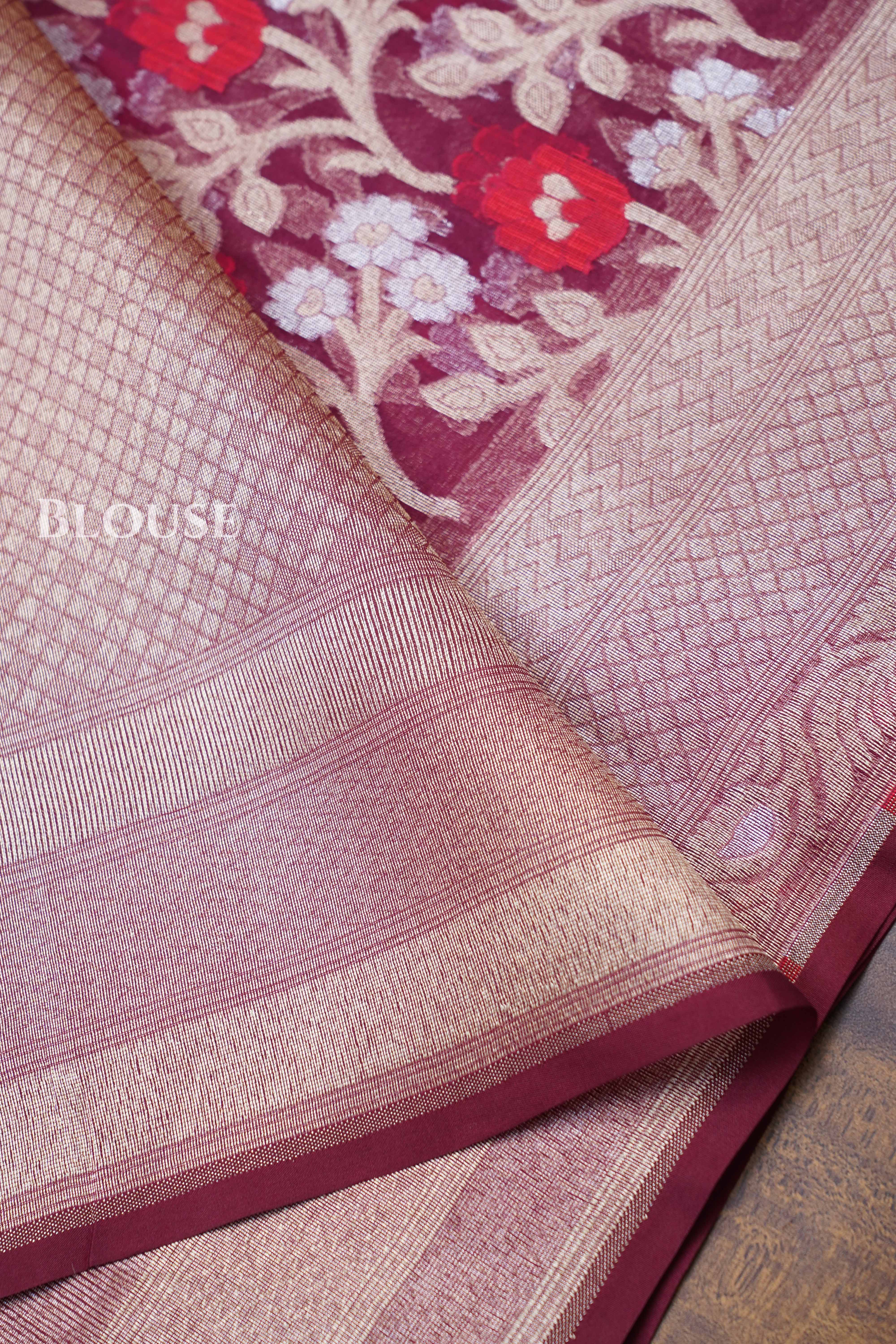 Red Wine Banarasi Organza Silk Saree