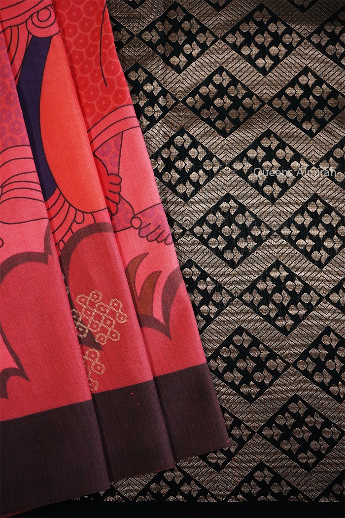 PASTEL RED WOODY BROWN KANCHIVARAM SILK SAREE - Queens Jewel Emporium