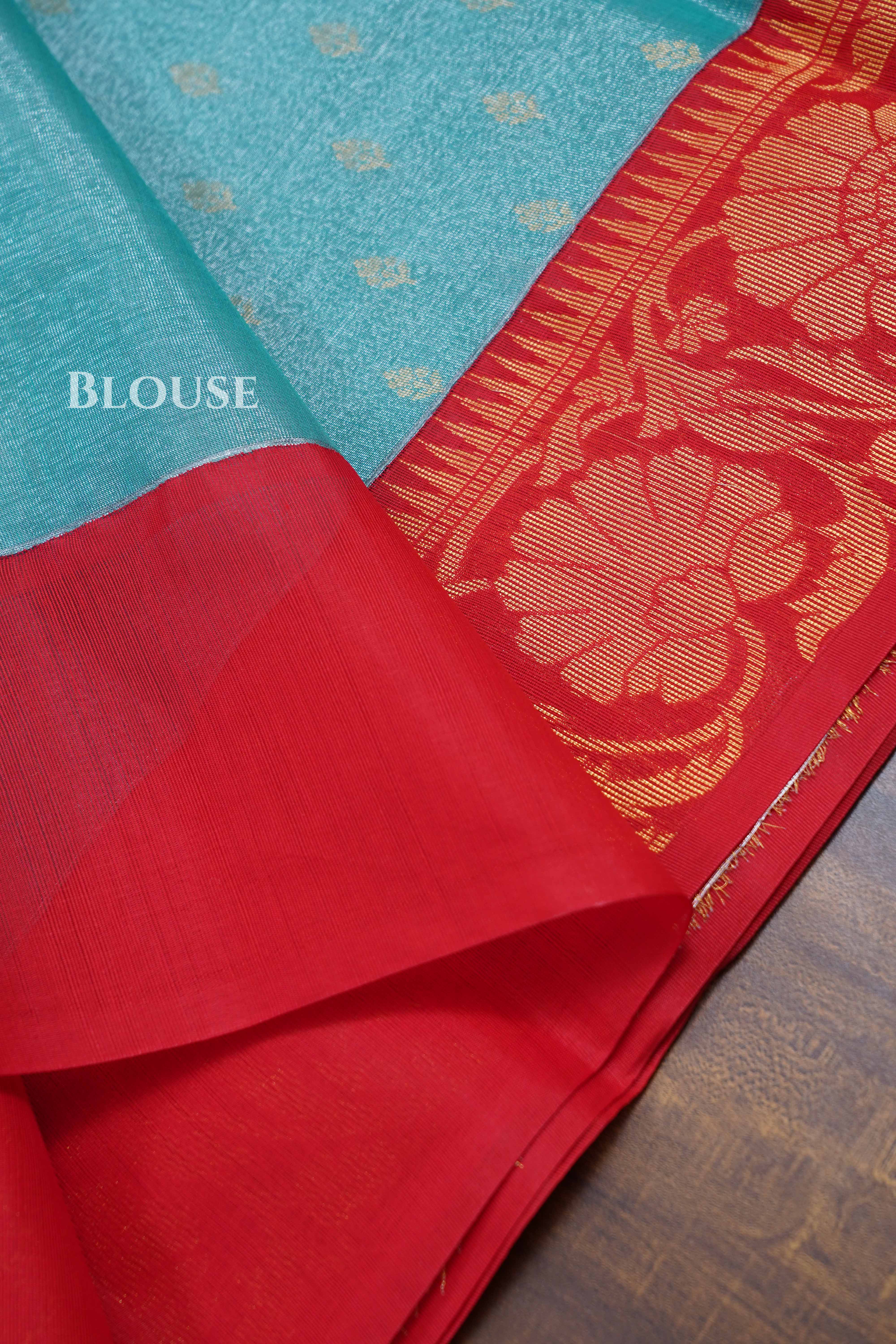 Ice Blue With Red Tissue Silk Cotton Saree
