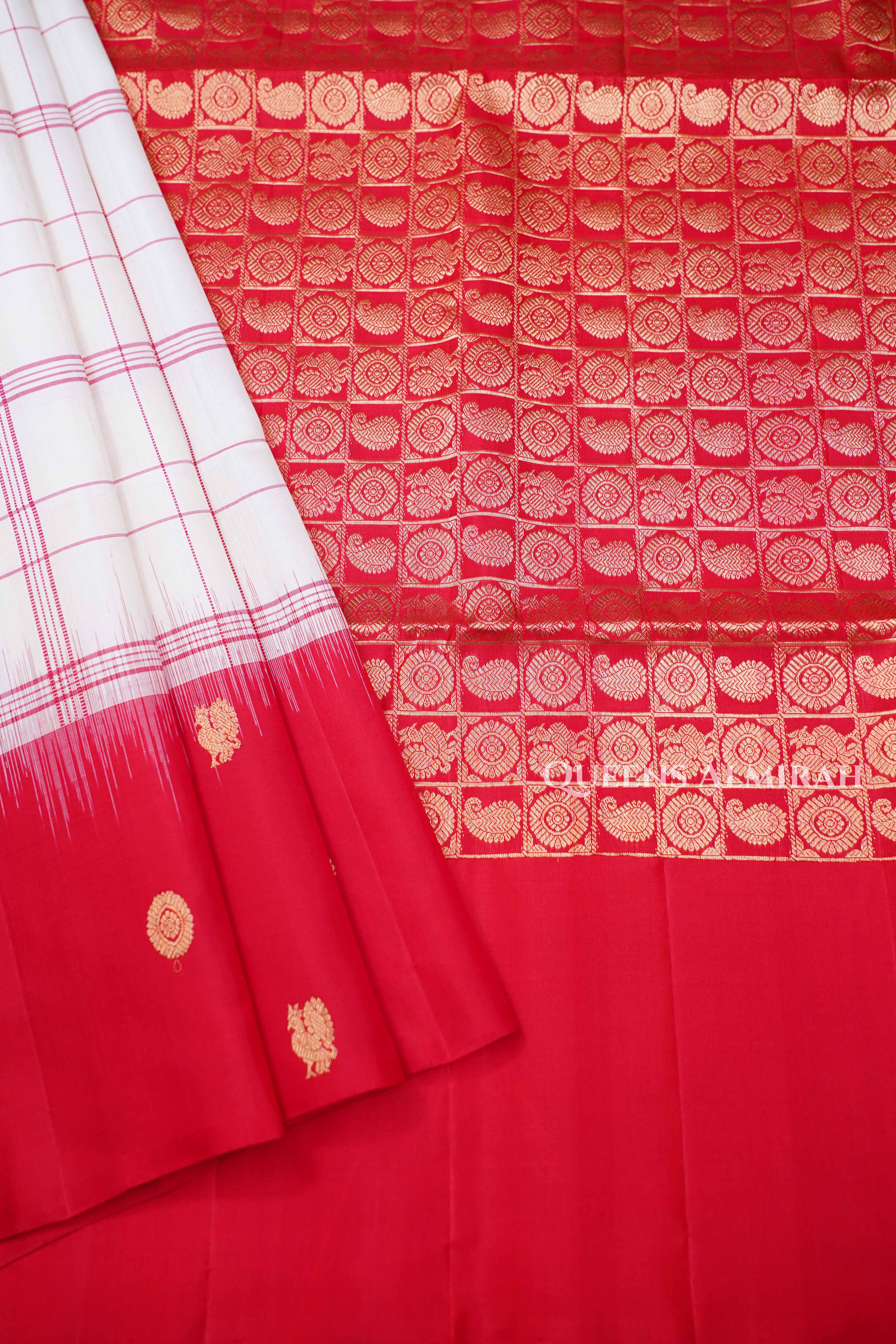 Milk White With Red Pure Soft Silk Saree