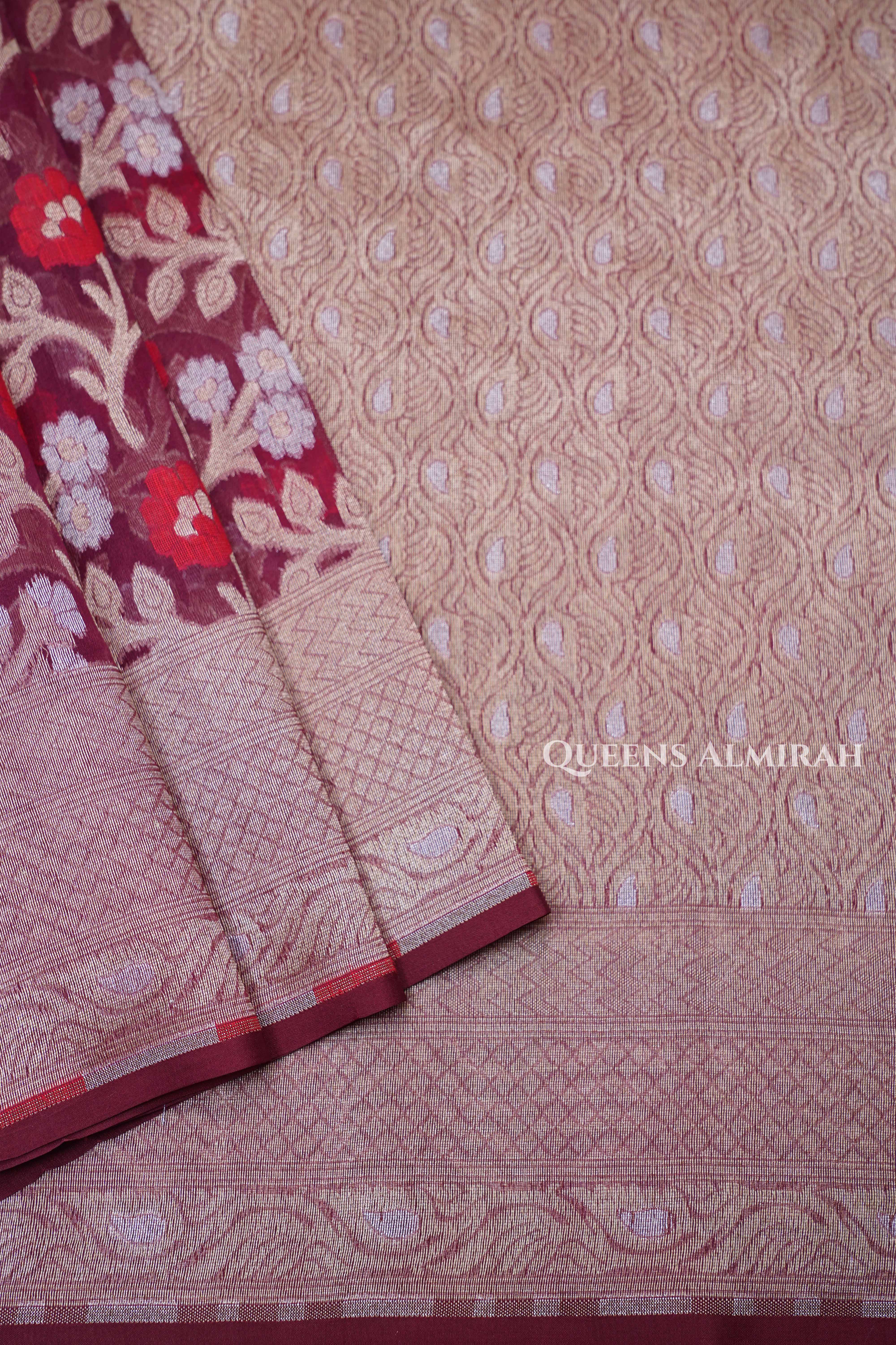 Red Wine Banarasi Organza Silk Saree