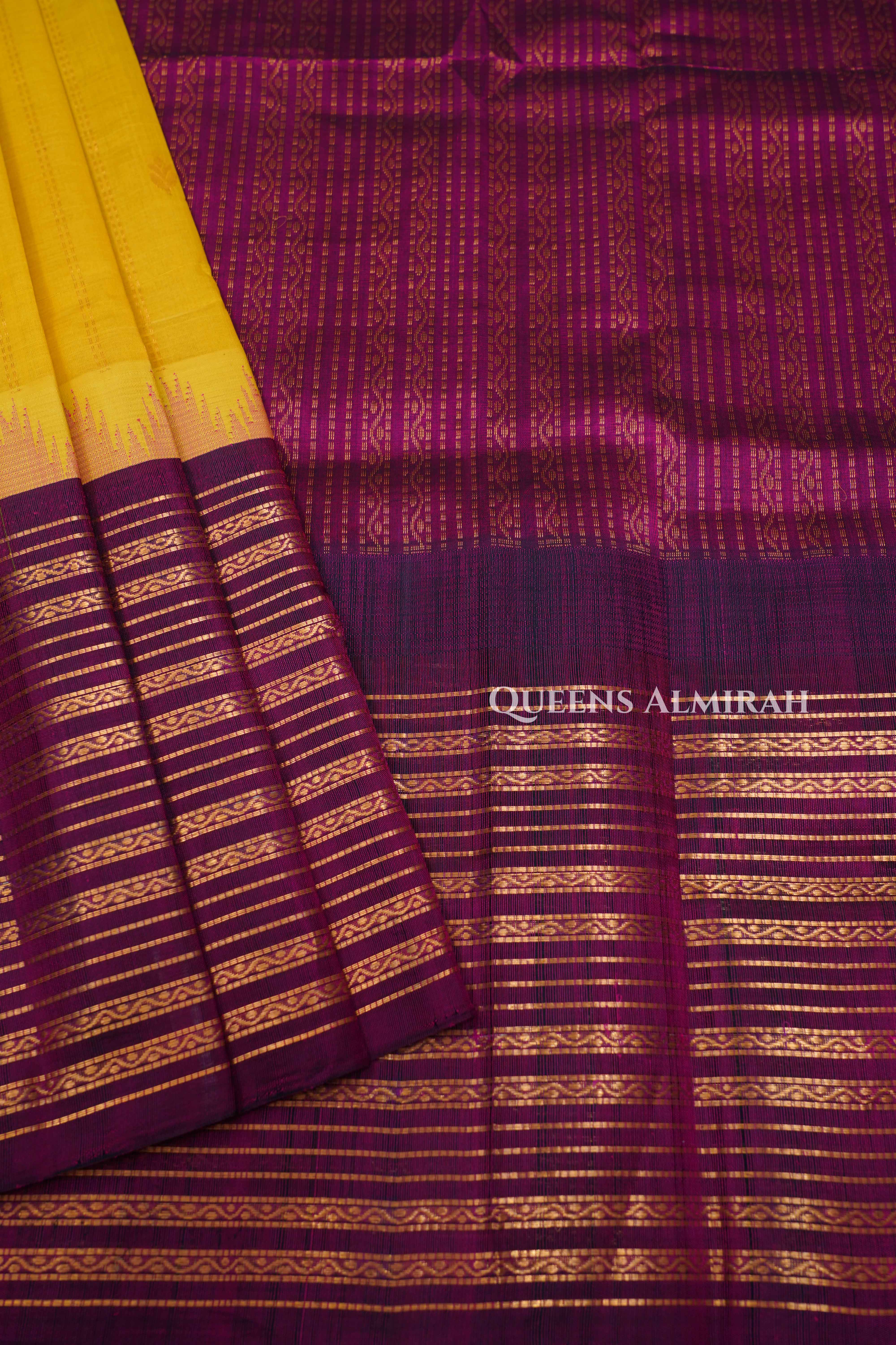 Mango Yellow With Purple Long Border Pure Kanchi Silk Cotton Saree