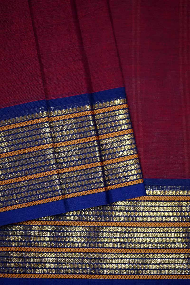 PLAIN MAROON SAREE WITH GANGA JAMUNA BORDER KANCHI COTTON - Queens Jewel Emporium