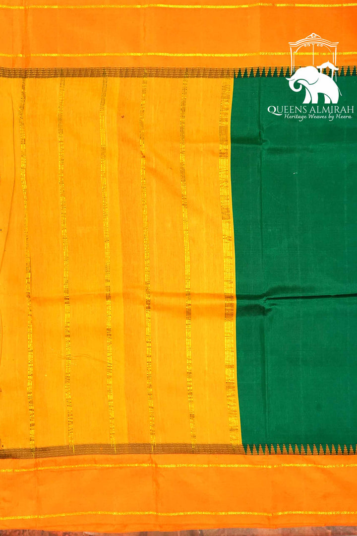FOREST GREEN WITH ORANGE MULBERRY SILK SAREE - Queens Jewel Emporium