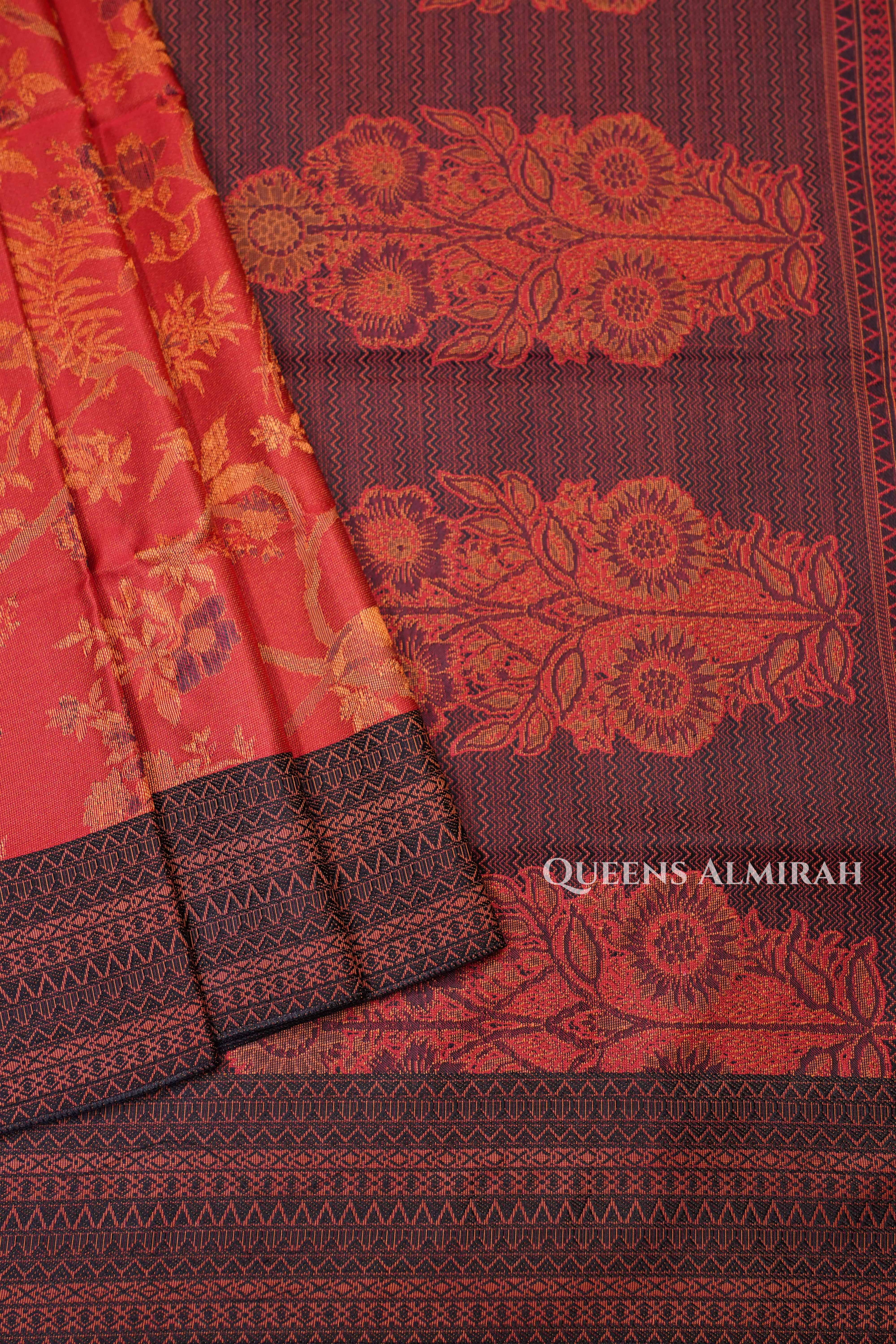 Coral Red Pashmina Silk Saree