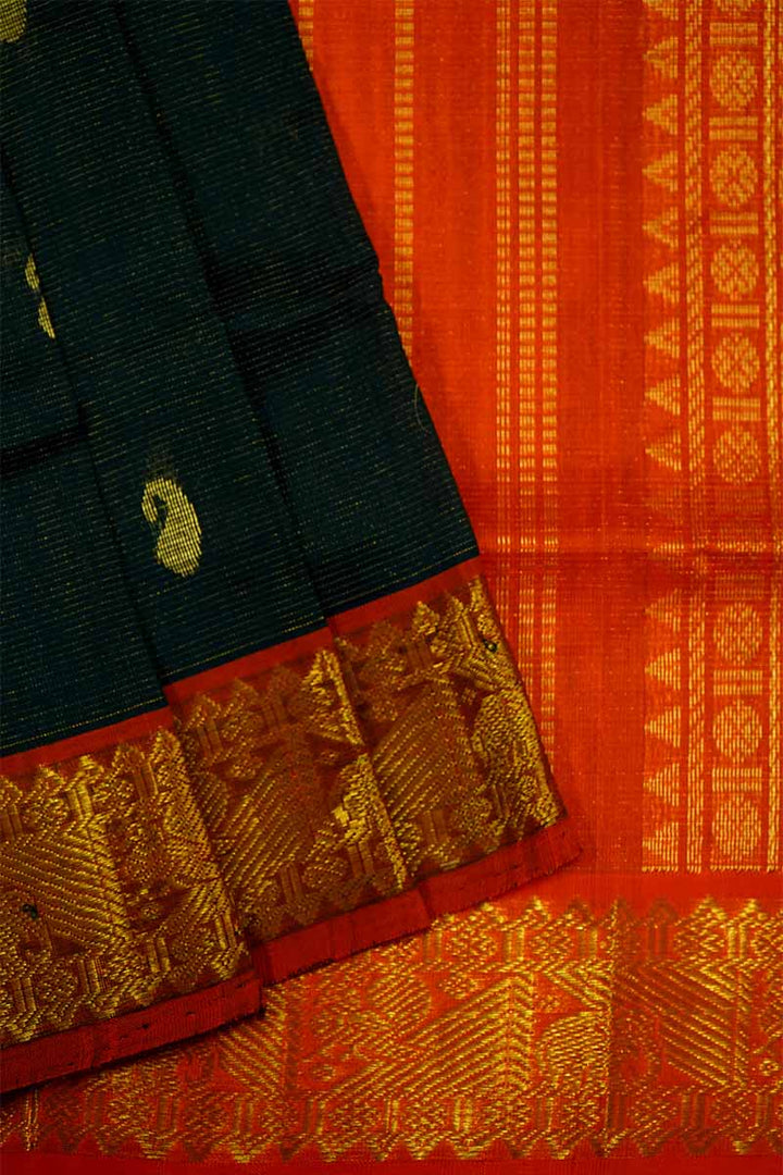 PURE SILK COTTON - PEACOCK BLUE WITH MUSTARD GRAND BORDER - Queens Jewel Emporium