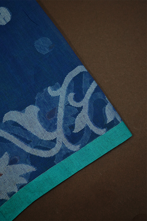 PEACOCK BLUE MUSLIN JAMDANI SAREE - Queens Jewel Emporium