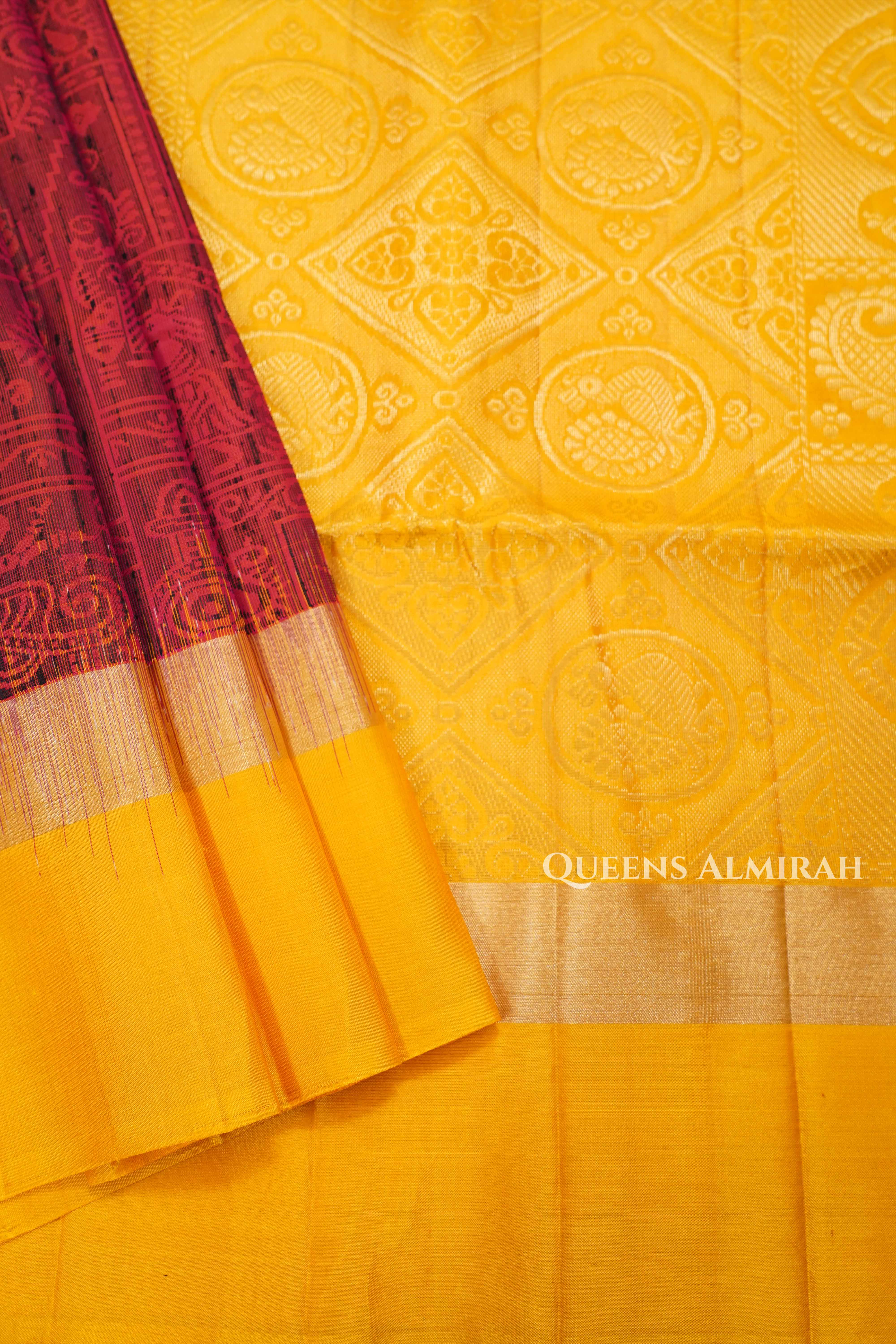 Dark Orange With Mango Yellow Dupion Silk Saree
