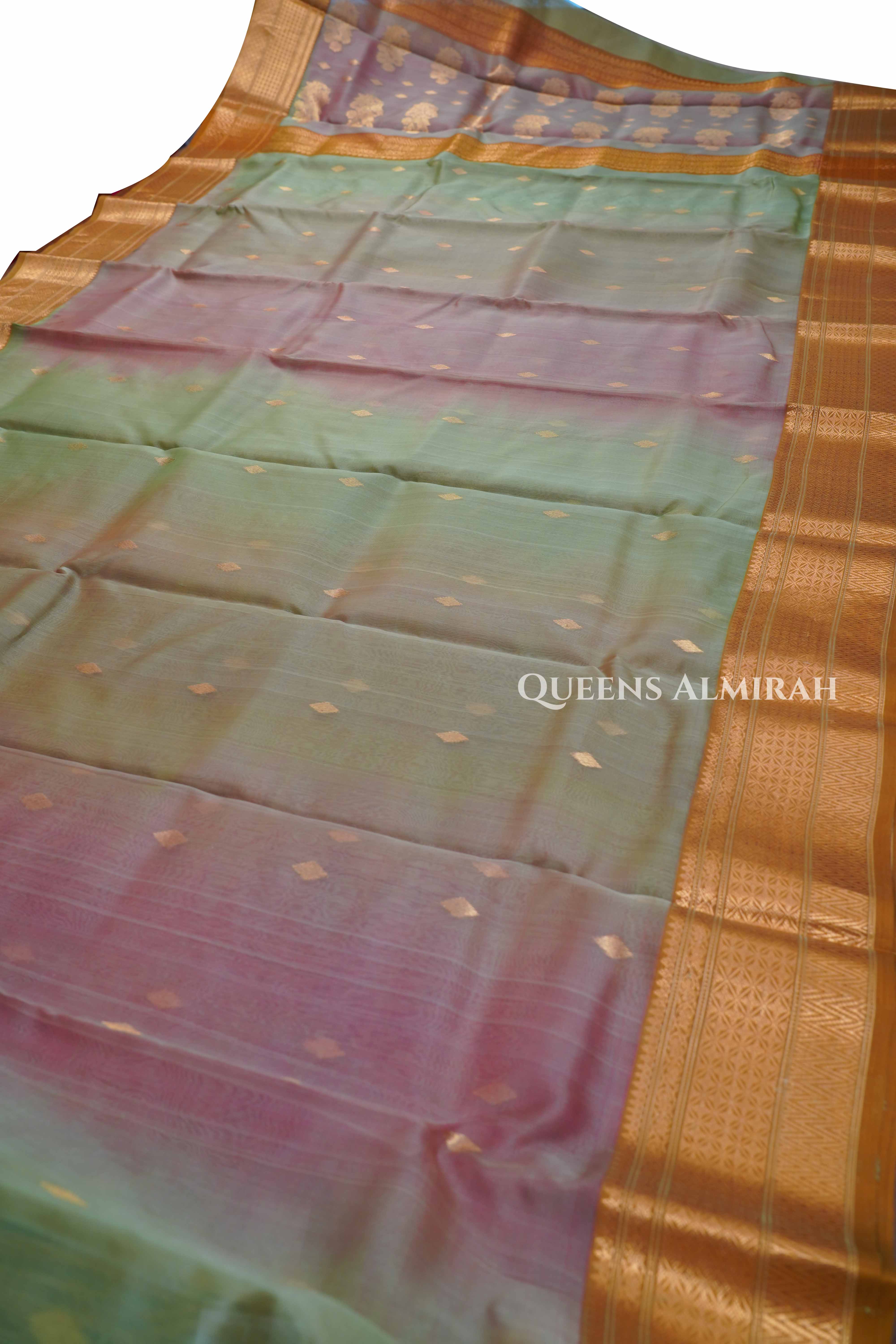 Olive Green With Red Chanderi Katan Silk Handloom Saree