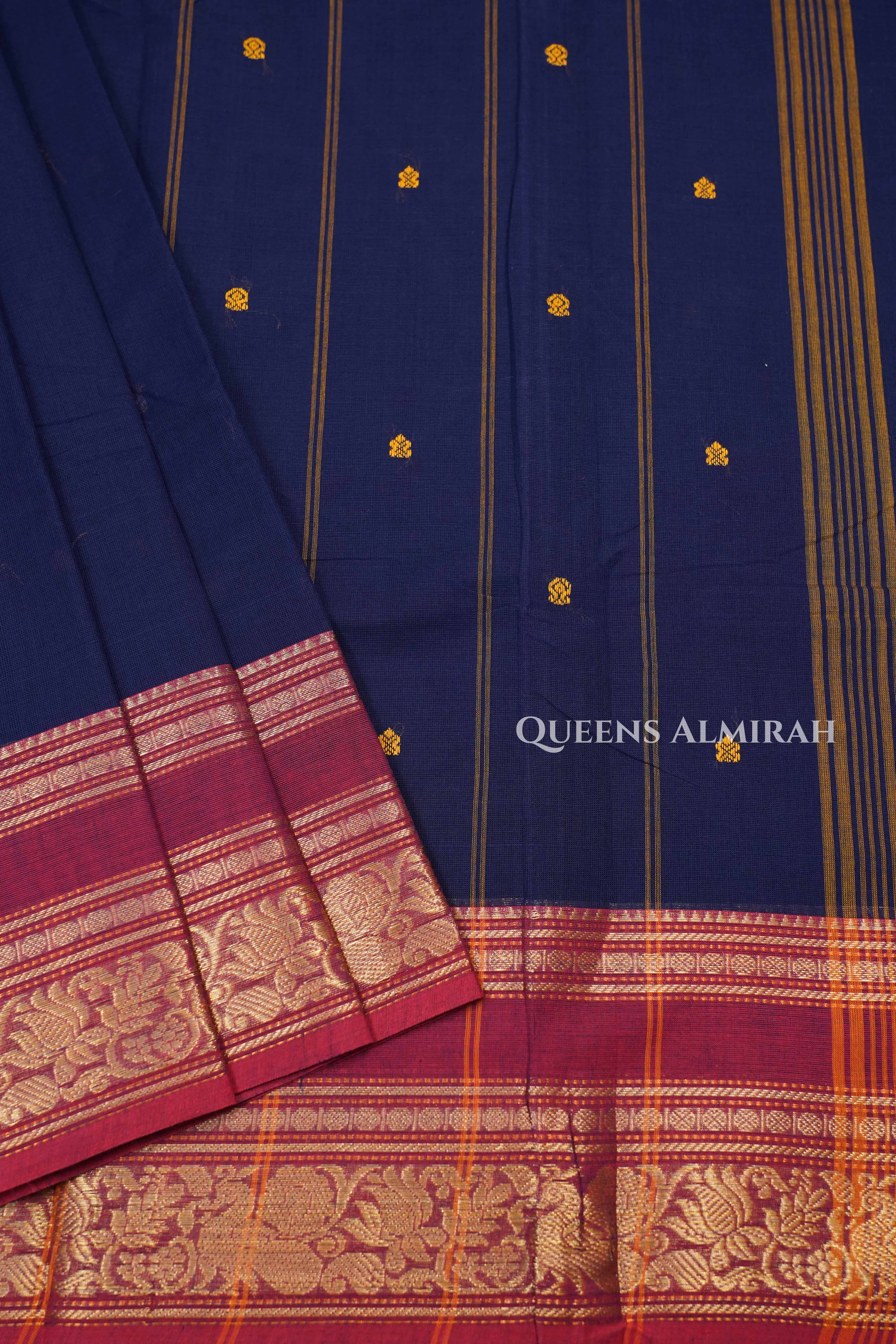 Dark Navy With Red Kanchi Cotton Saree