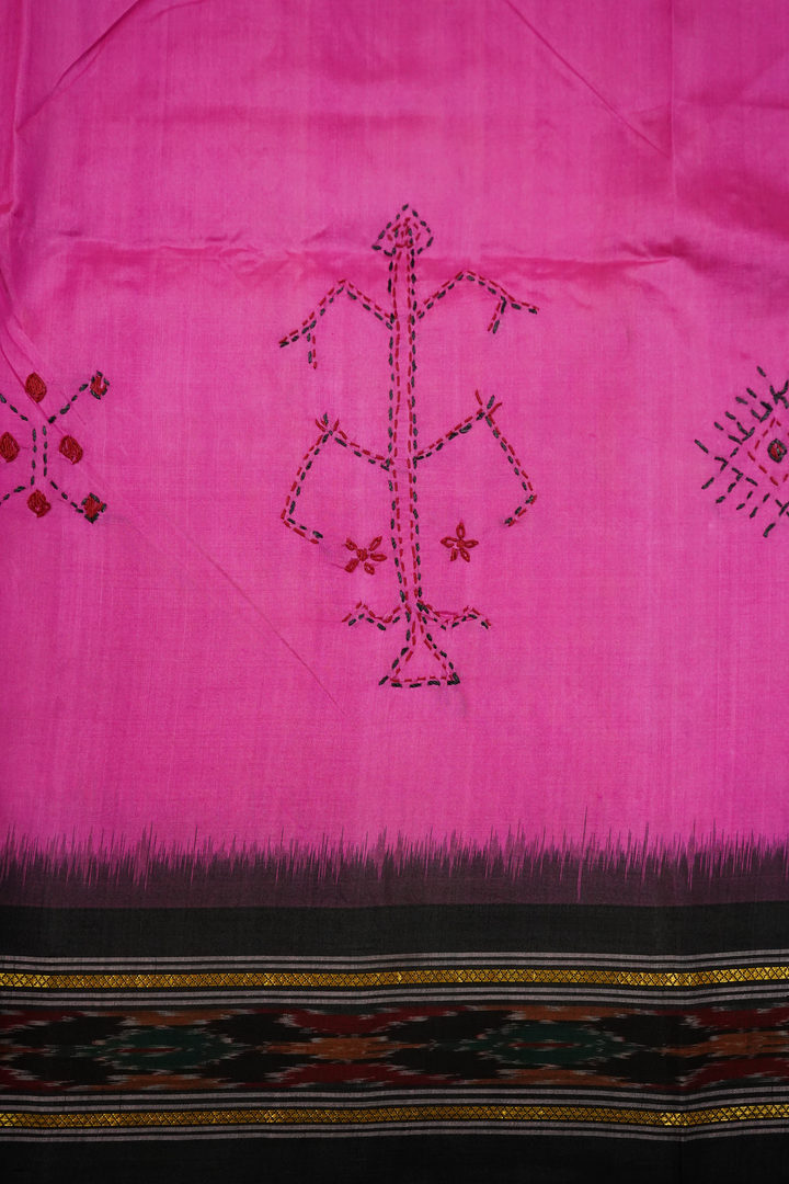 RASPBERRY PINK WITH BLACK BORDER MULBERRY SILK SAREE - Queens Jewel Emporium