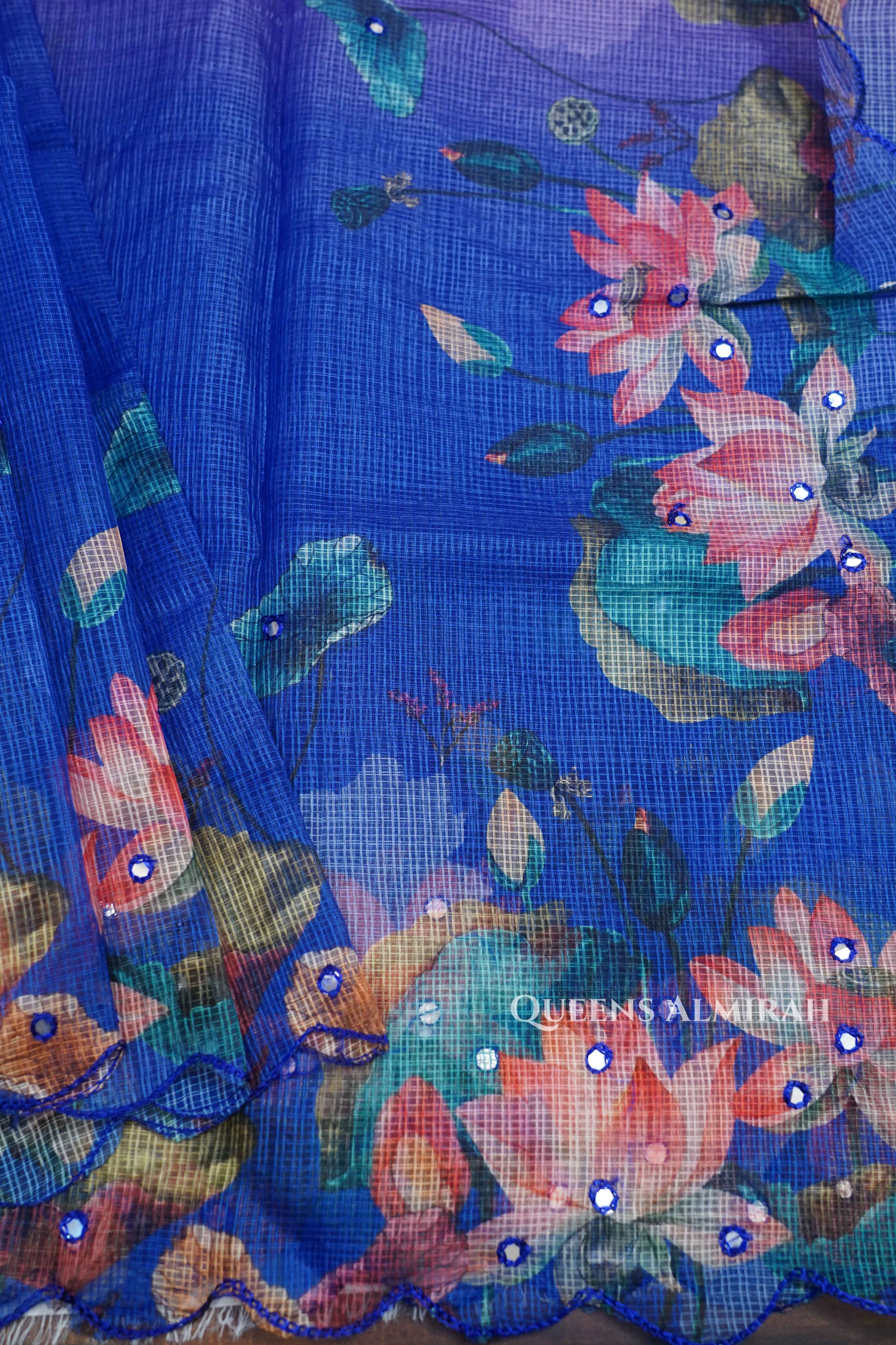PERSIAN BLUE WITH TULIP PINK KOTA COTTON SAREE - Queens Jewel Emporium