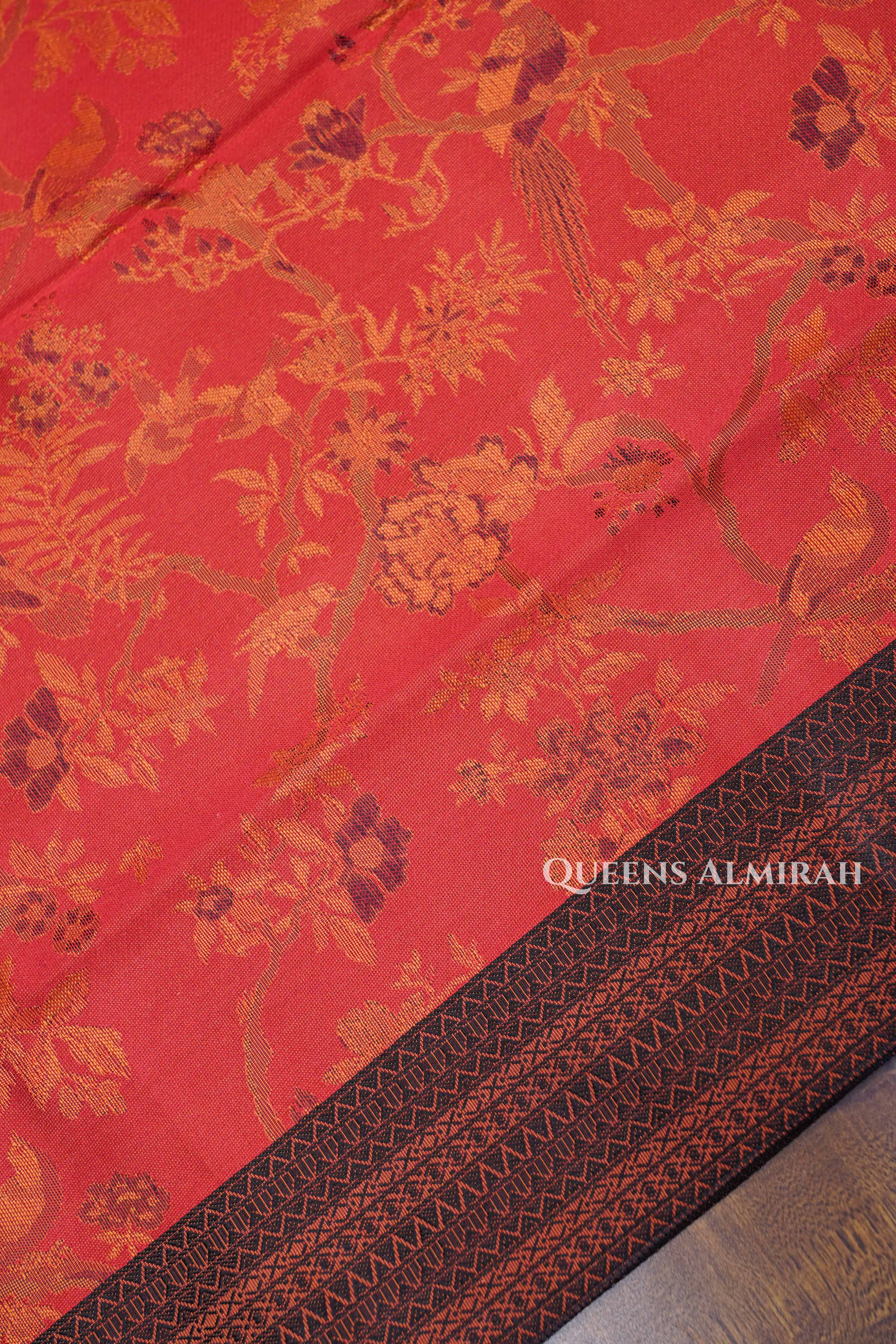 Coral Red Pashmina Silk Saree