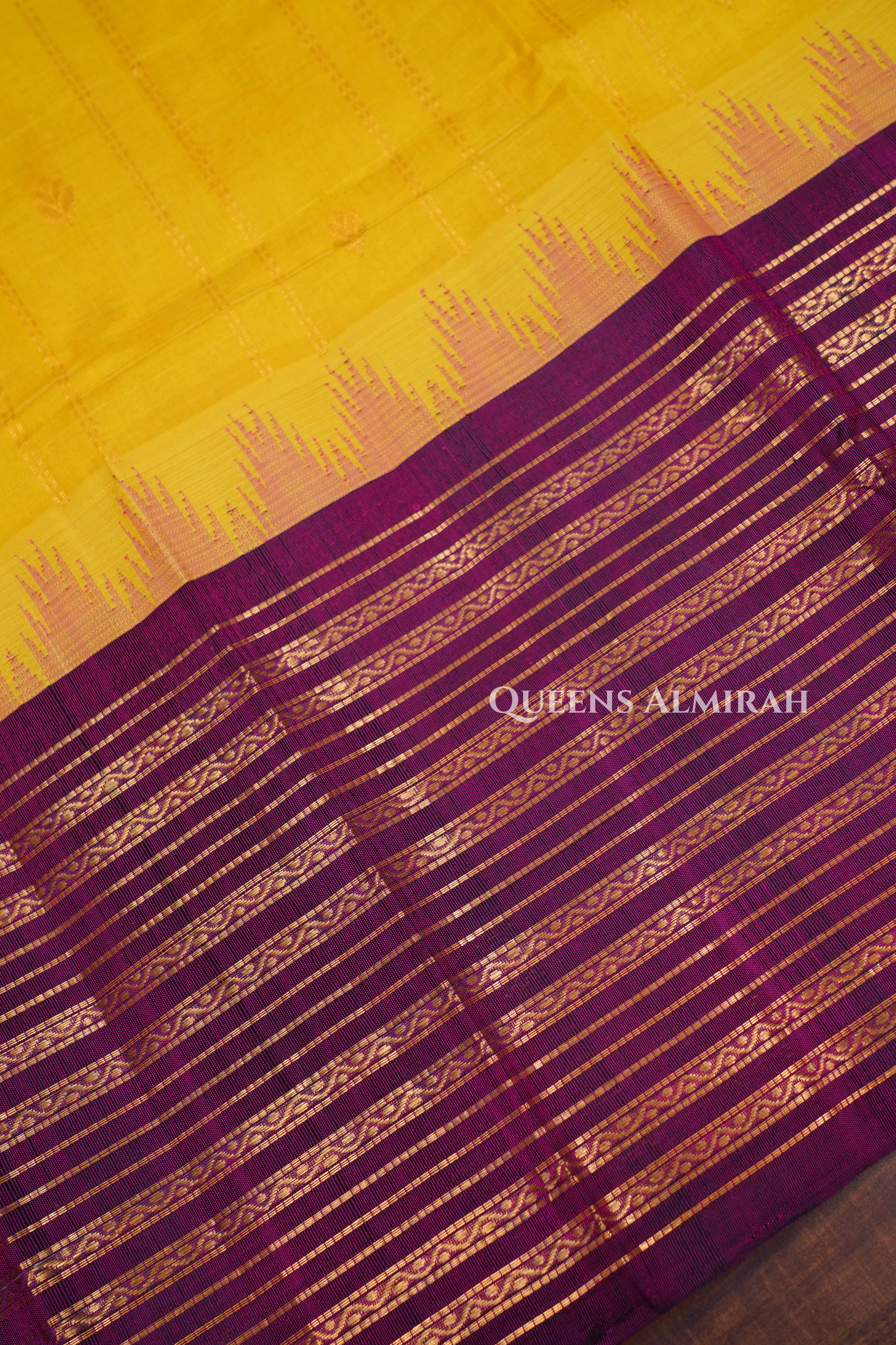 Mango Yellow With Purple Long Border Pure Kanchi Silk Cotton Saree