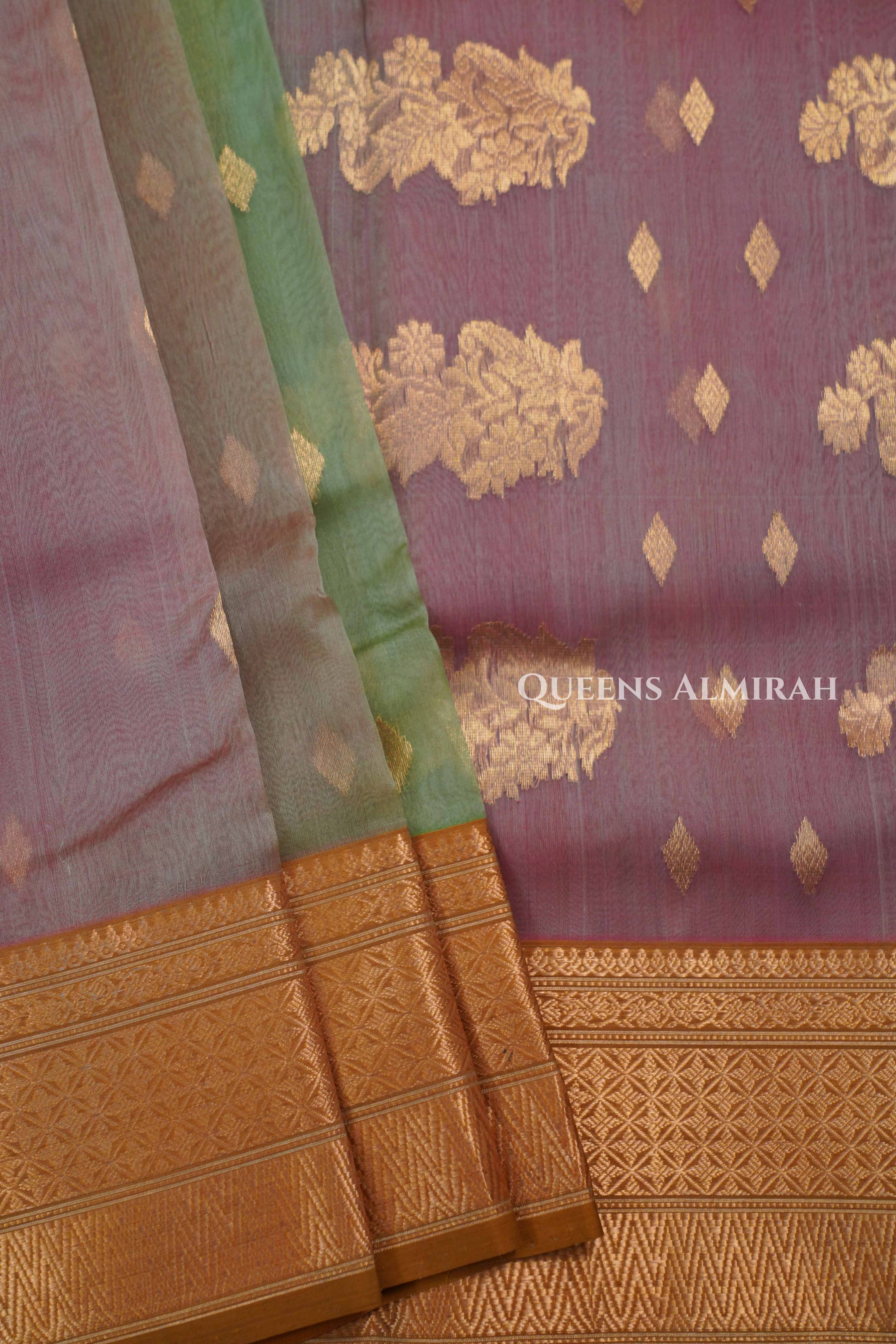 Olive Green With Red Chanderi Katan Silk Handloom Saree