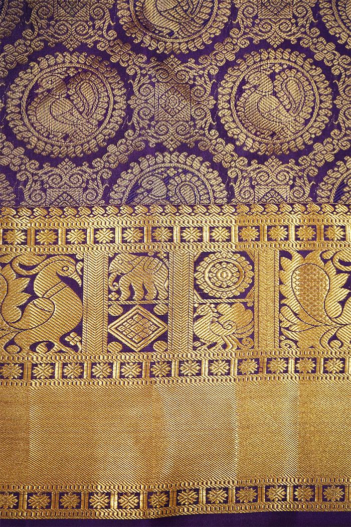 DARK PURPLE WITH GOLDEN PURE KANCHIVARAM SILK SAREE - Queens Jewel Emporium