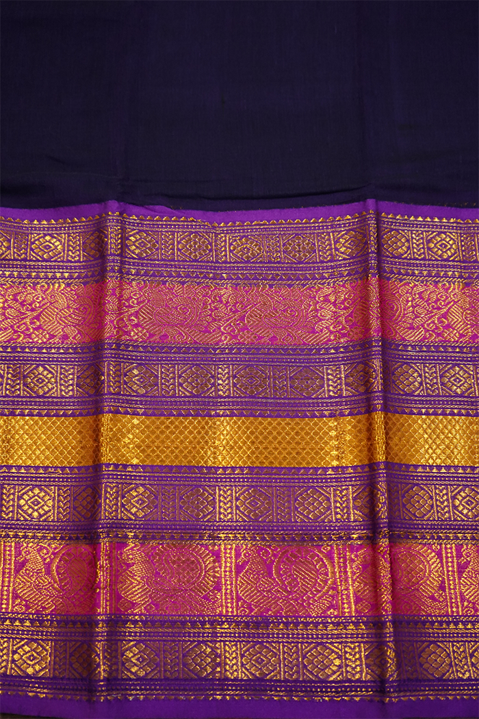 DARK PURPLE WITH LONG MULTI COLOUR BORDER NARAYANPET COTTON SAREEE - Queens Jewel Emporium