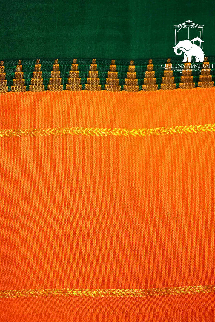 FOREST GREEN WITH ORANGE MULBERRY SILK SAREE - Queens Jewel Emporium