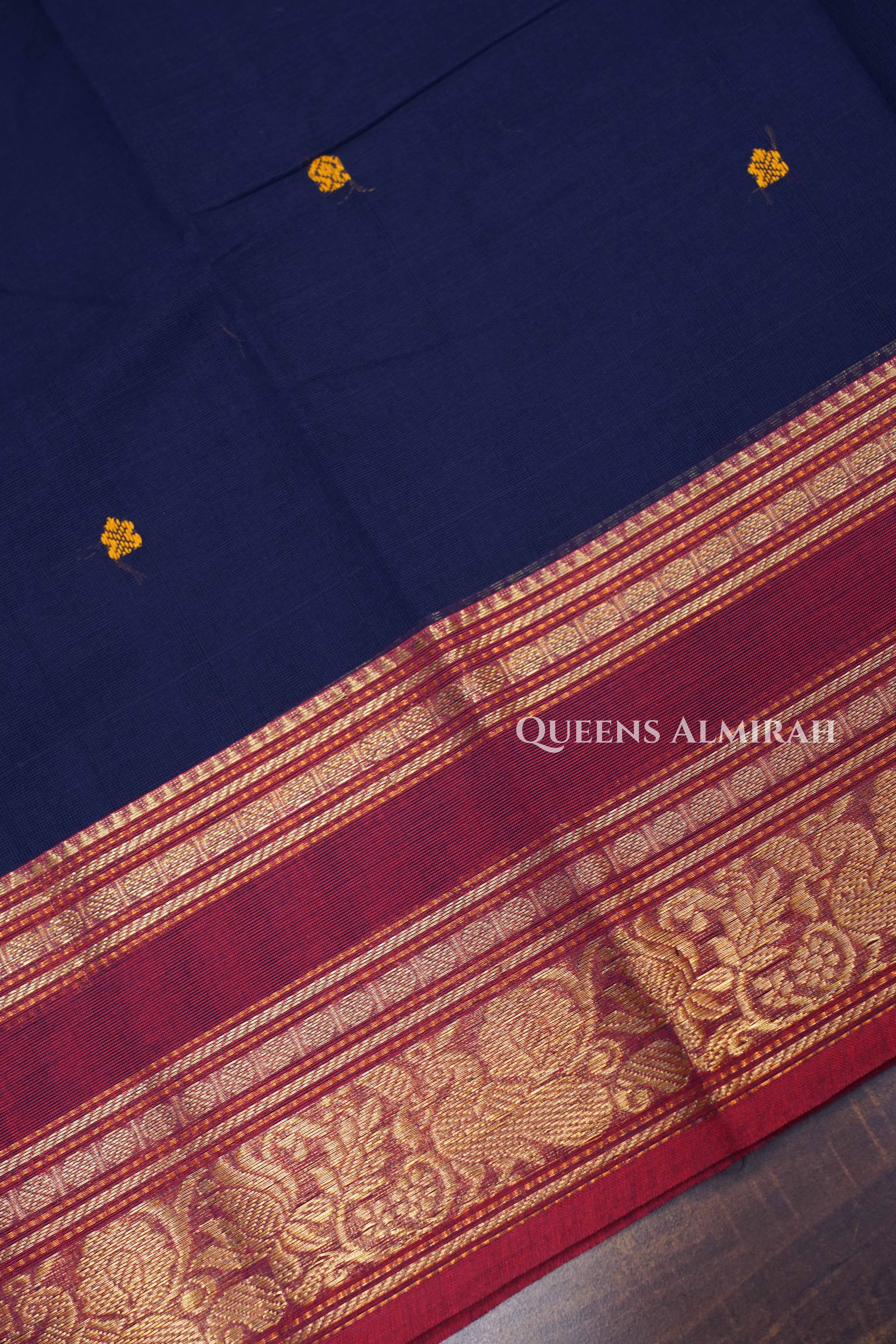 Dark Navy With Red Kanchi Cotton Saree