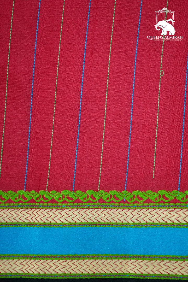 RUBY RED WITH MULTICOLOR BORDER MULBERRY SILK SAREE - Queens Jewel Emporium