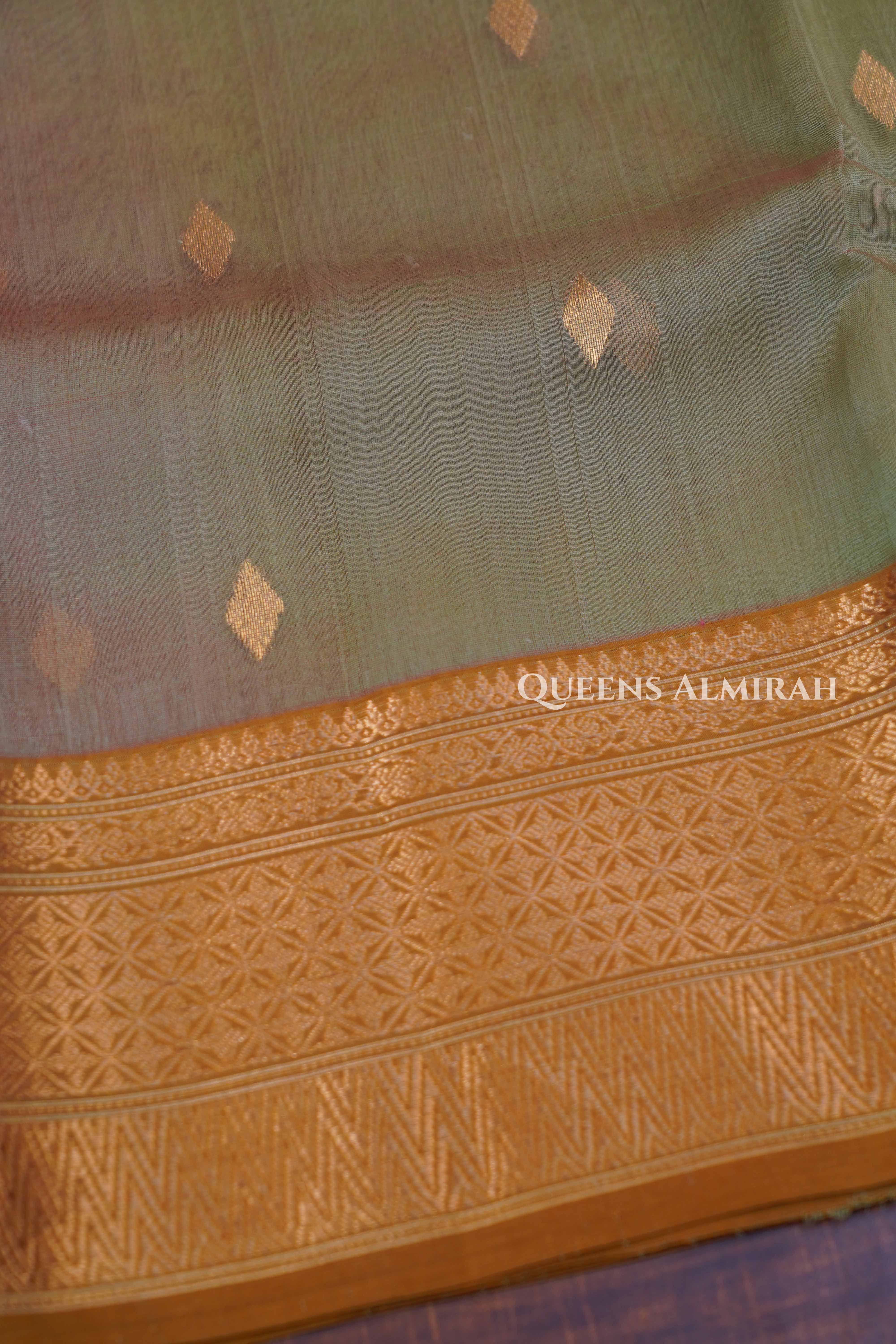 Olive Green With Red Chanderi Katan Silk Handloom Saree