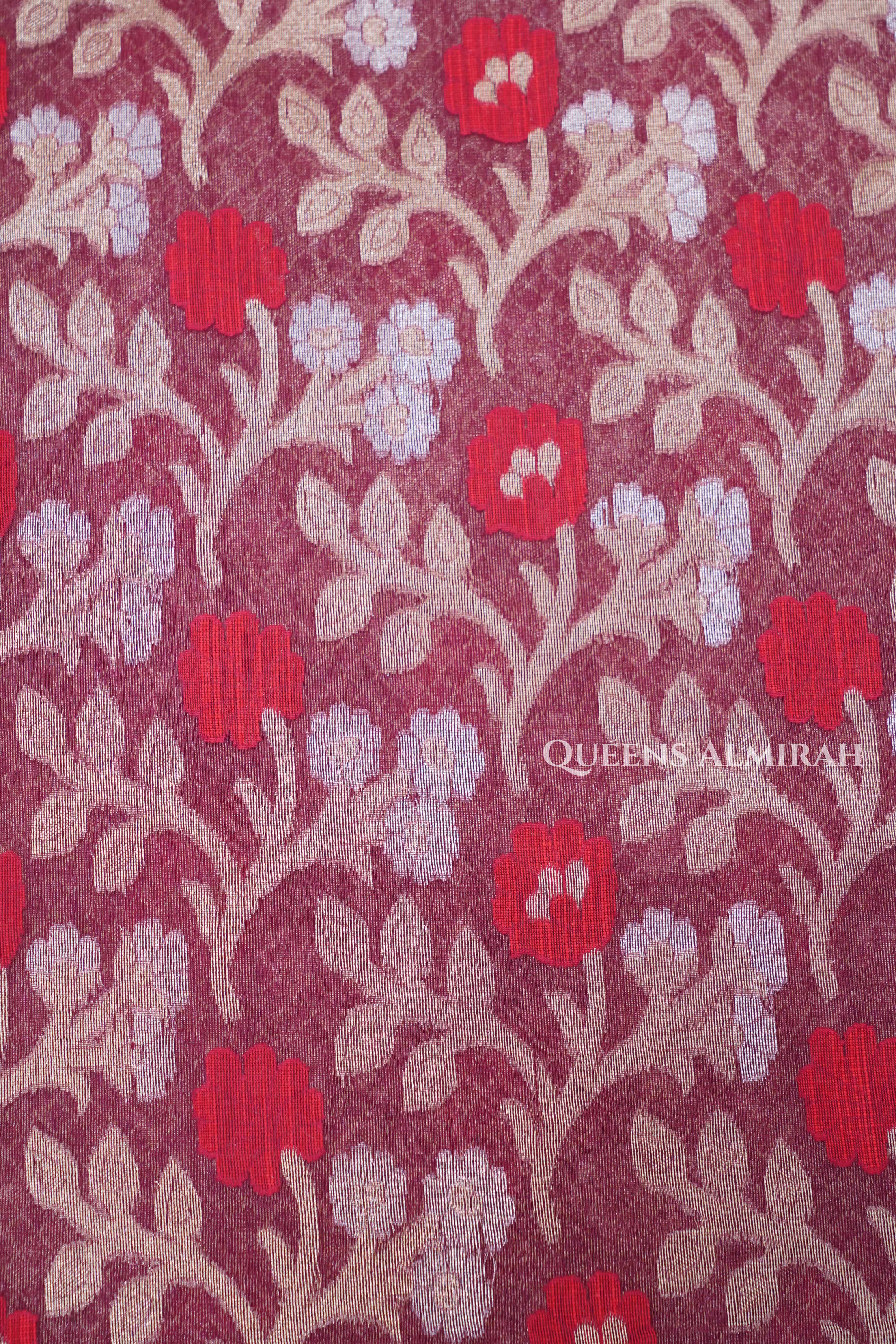 Red Wine Banarasi Organza Silk Saree