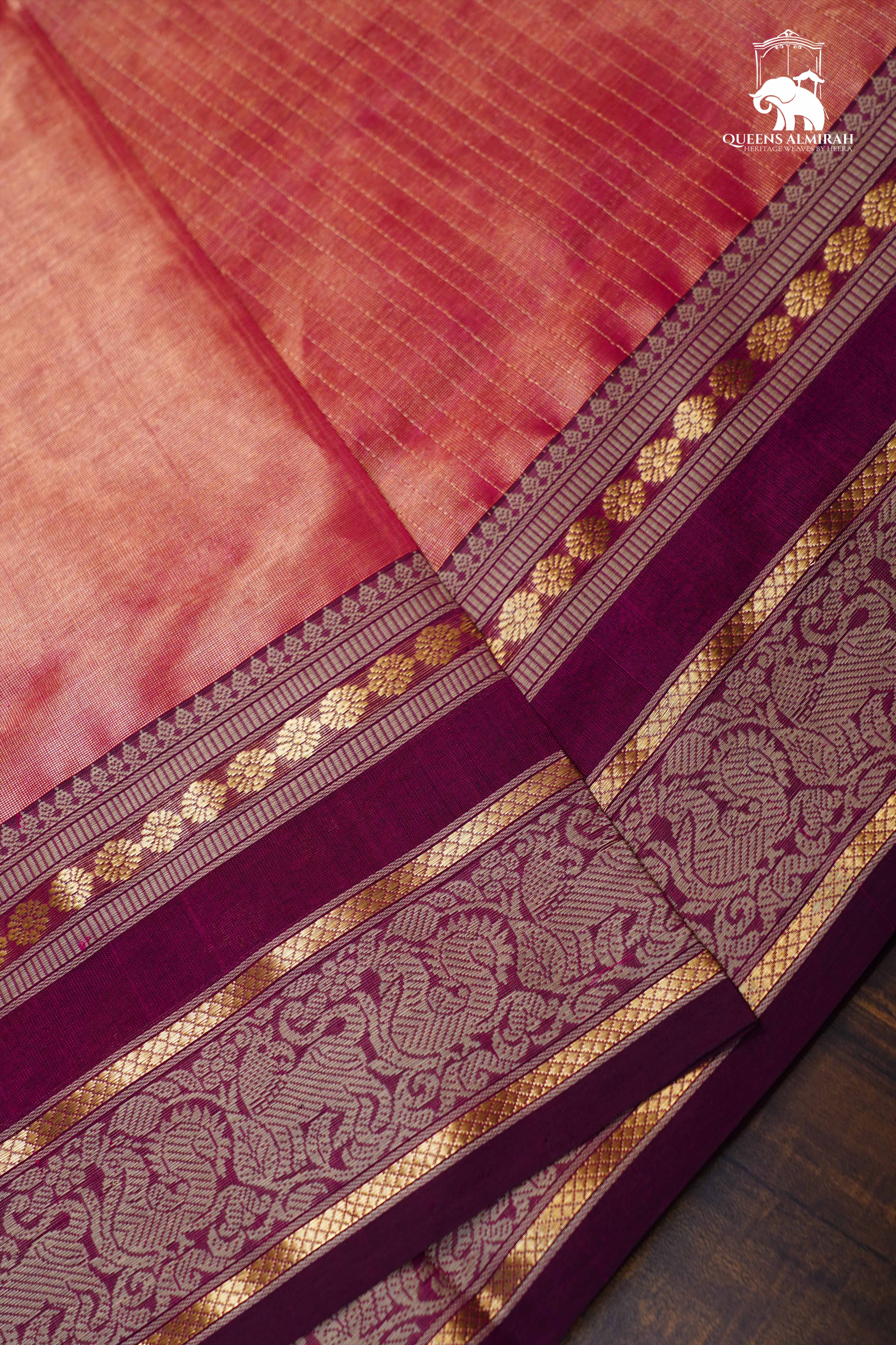 Golden Pink With Purple- Karaikudi Chettinad Tissue Silk Cotton Saree
