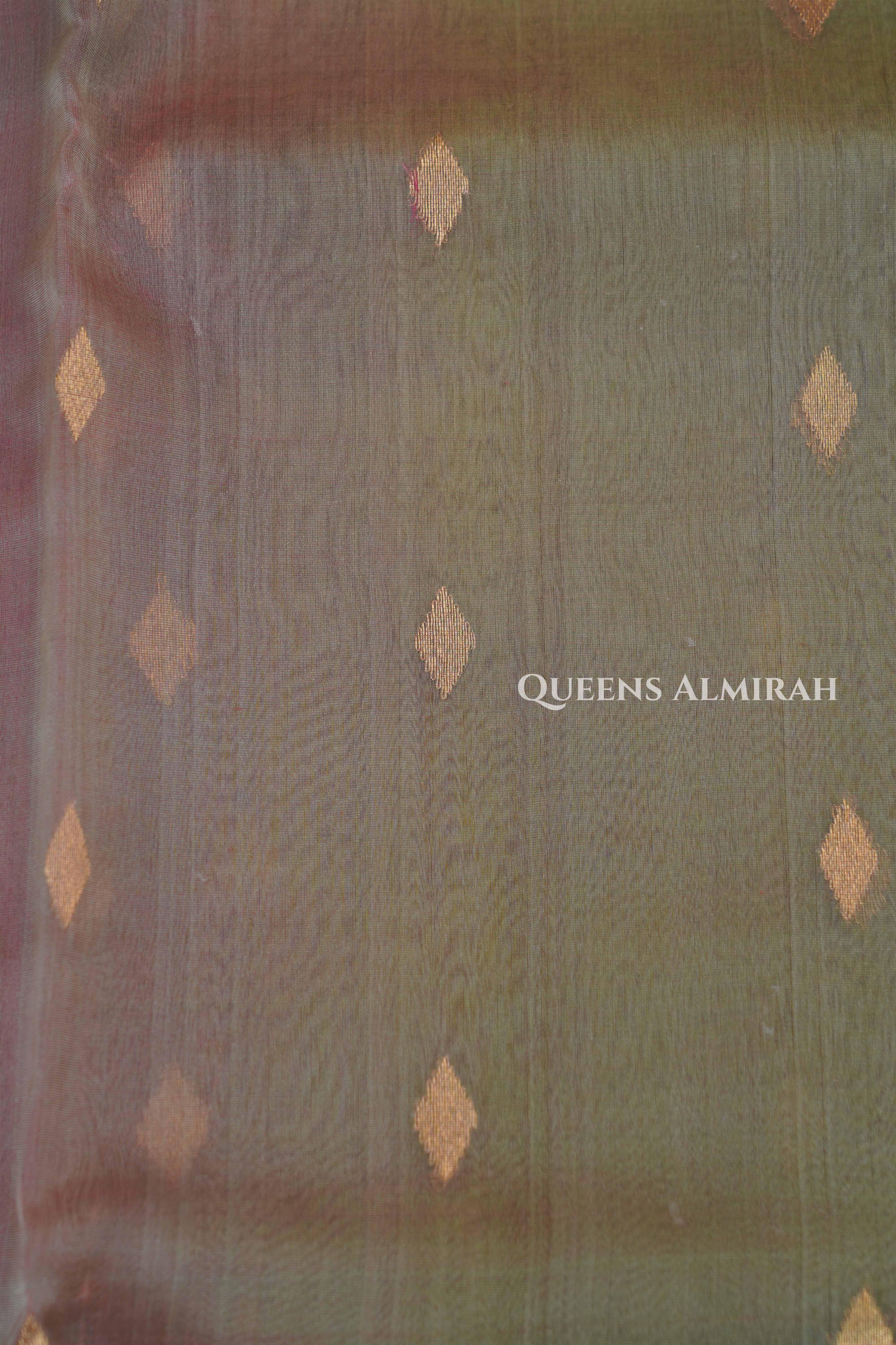 Olive Green With Red Chanderi Katan Silk Handloom Saree