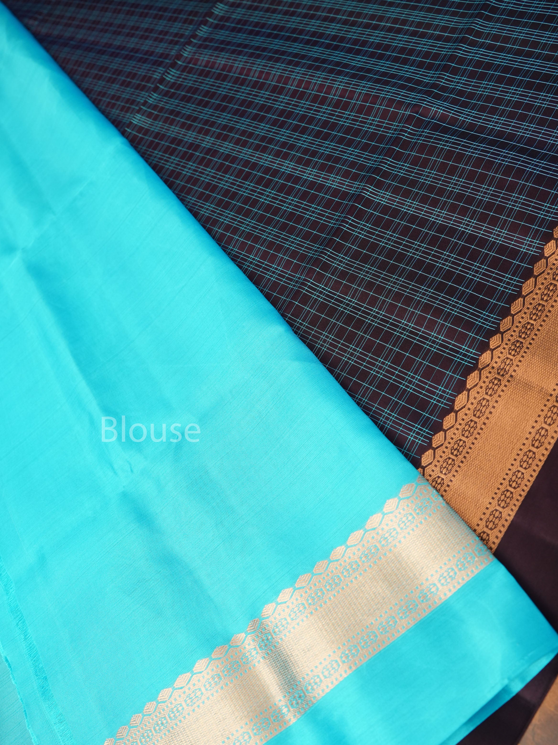 Dark Burgundy With Blue Checks Pure Soft Silk Saree