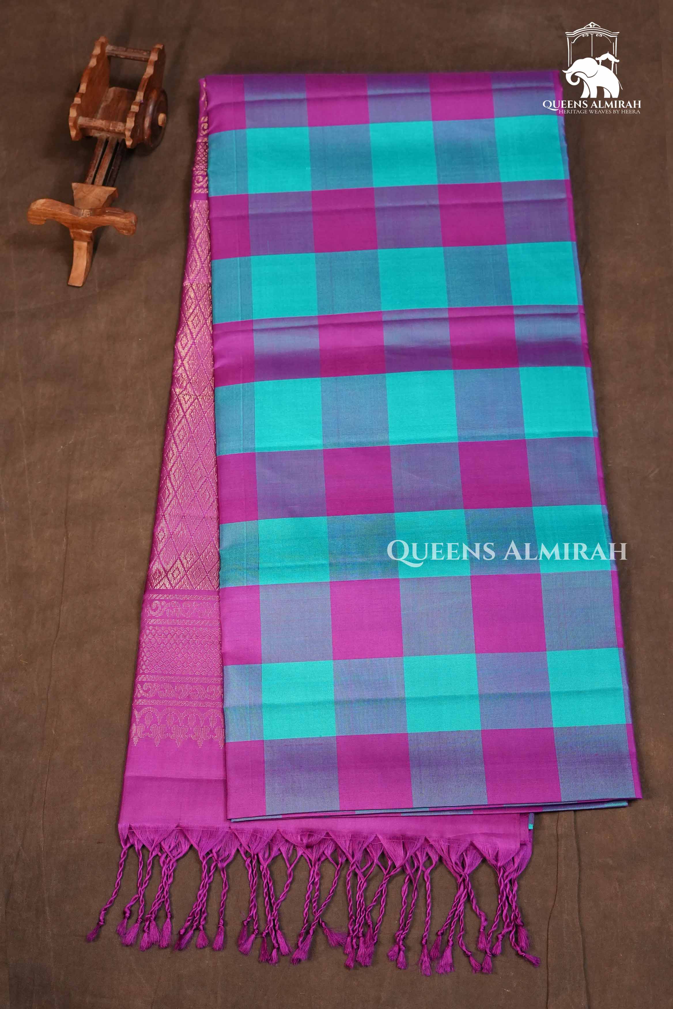 Turquoise Blue With Purple Yaanai Kattam Pure Soft Silk Saree