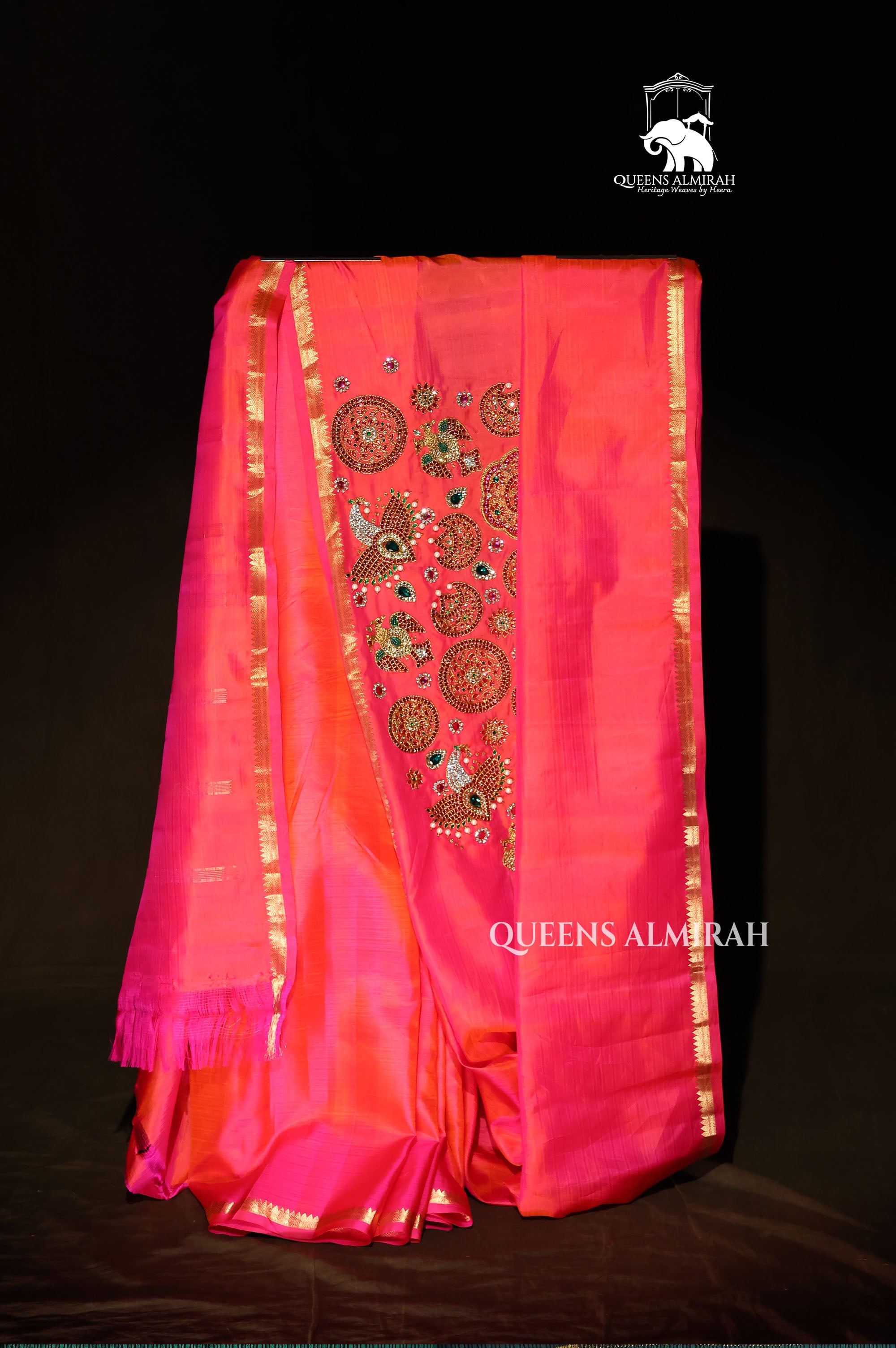 Pinkish Orange Designer Silk Saree