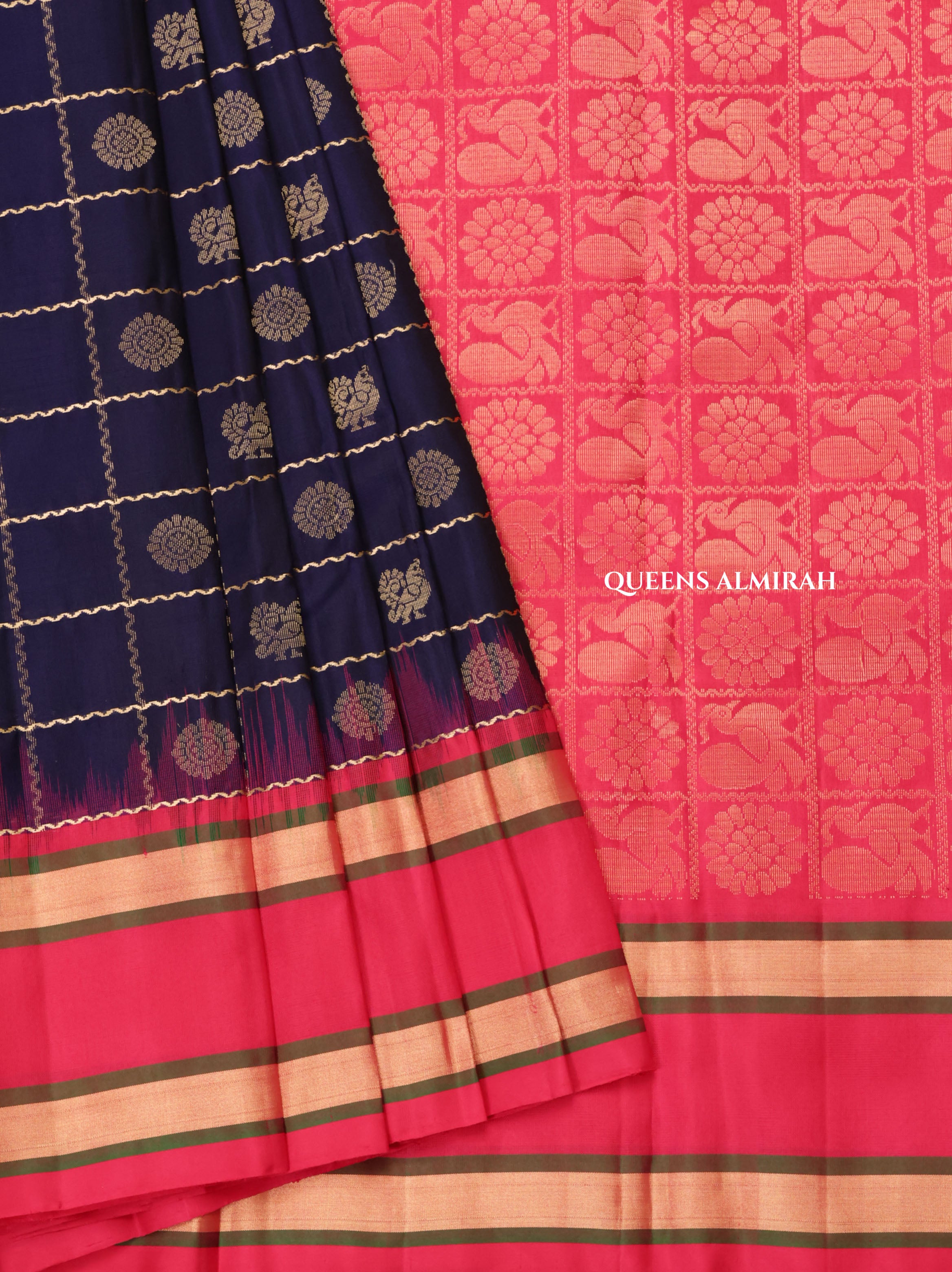Dark Navy Blue With Pink Pure Kanchivaram Silk Saree