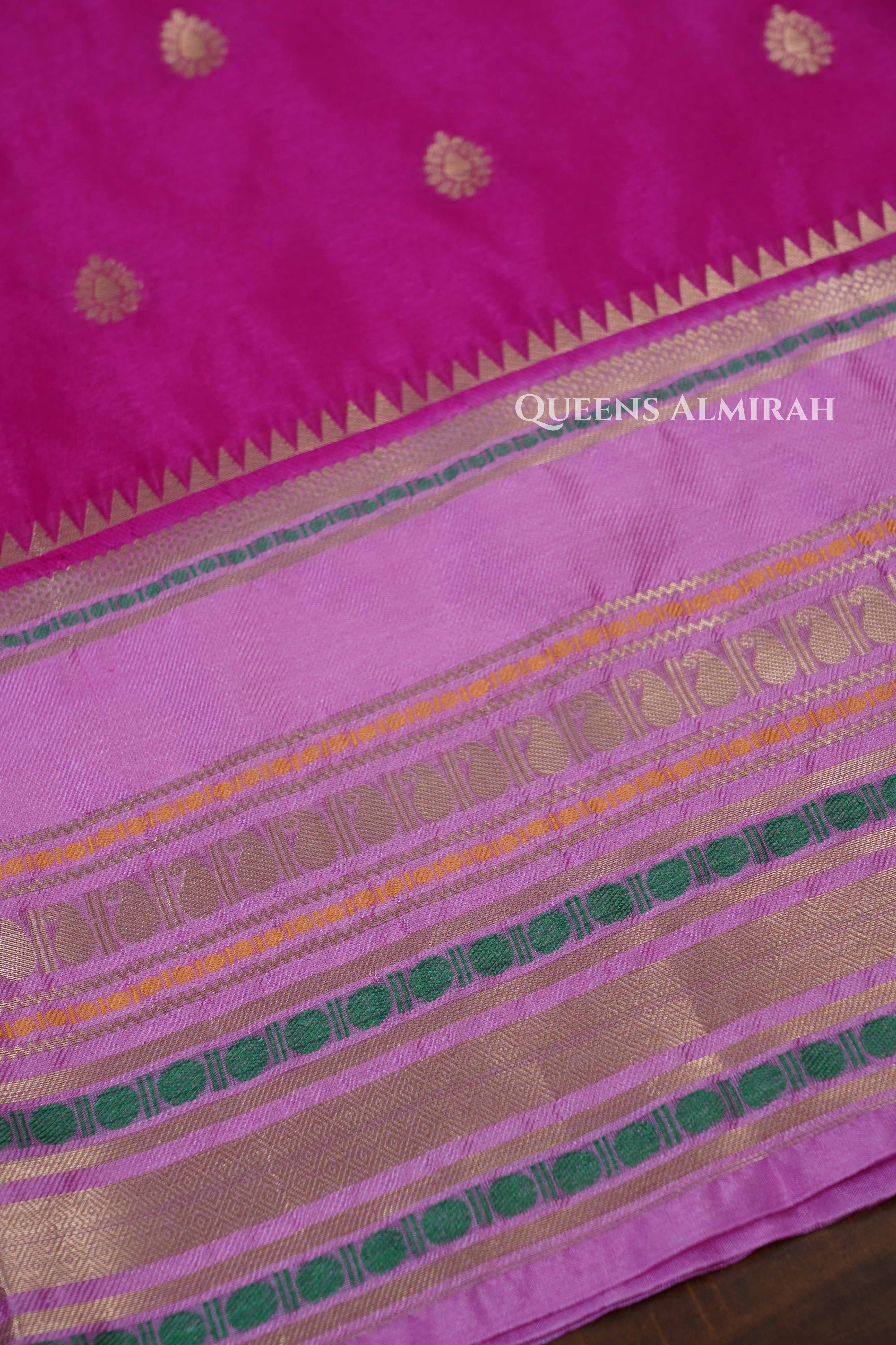 Magenta Pink With Rose Milk Pink Semi Banarasi Silk Saree