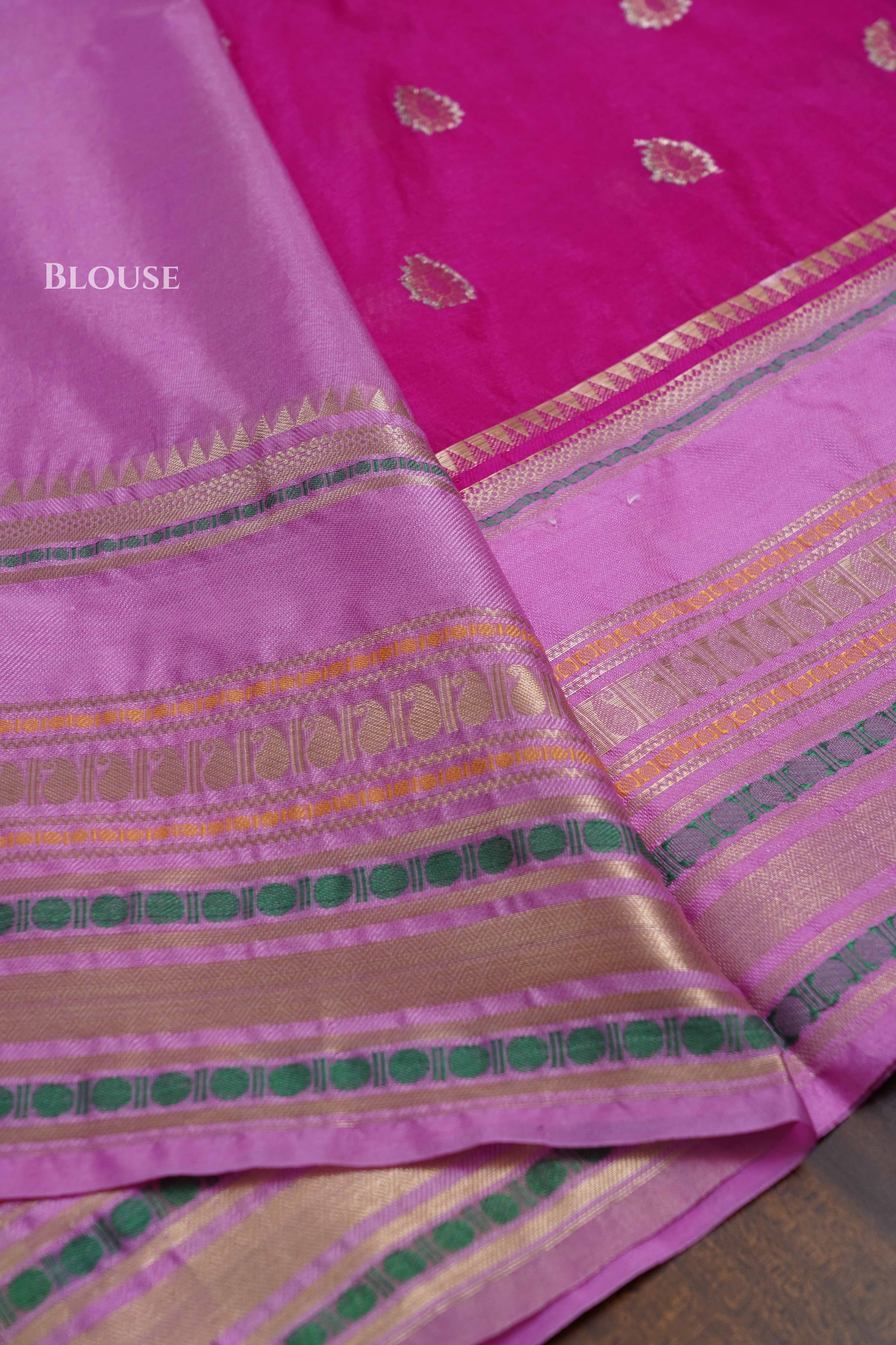Magenta Pink With Rose Milk Pink Semi Banarasi Silk Saree