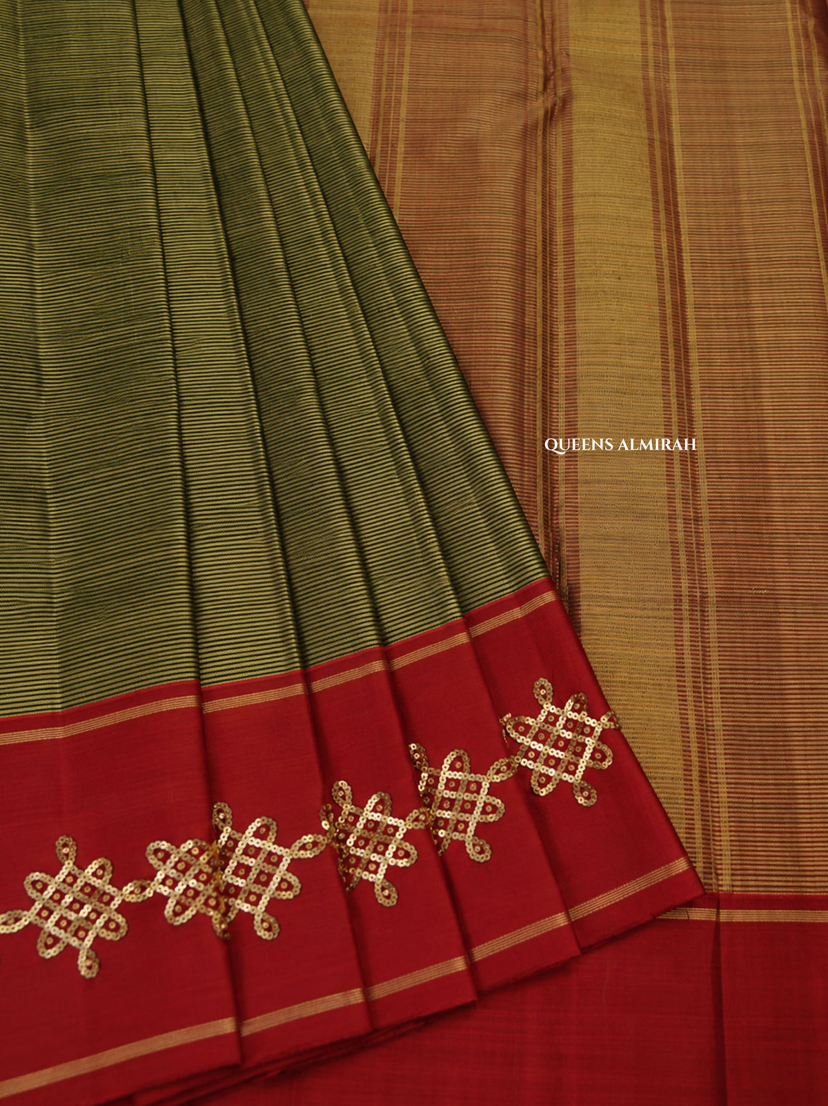Dark Green With Brick Red Kolam Pure Kanchivaram Designer Silk Saree