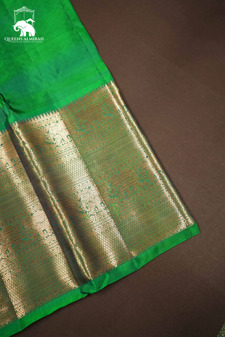 DARK PURPLE WITH SPRING GREEN KANCHIVARAM SILK SAREE - Queens Jewel Emporium