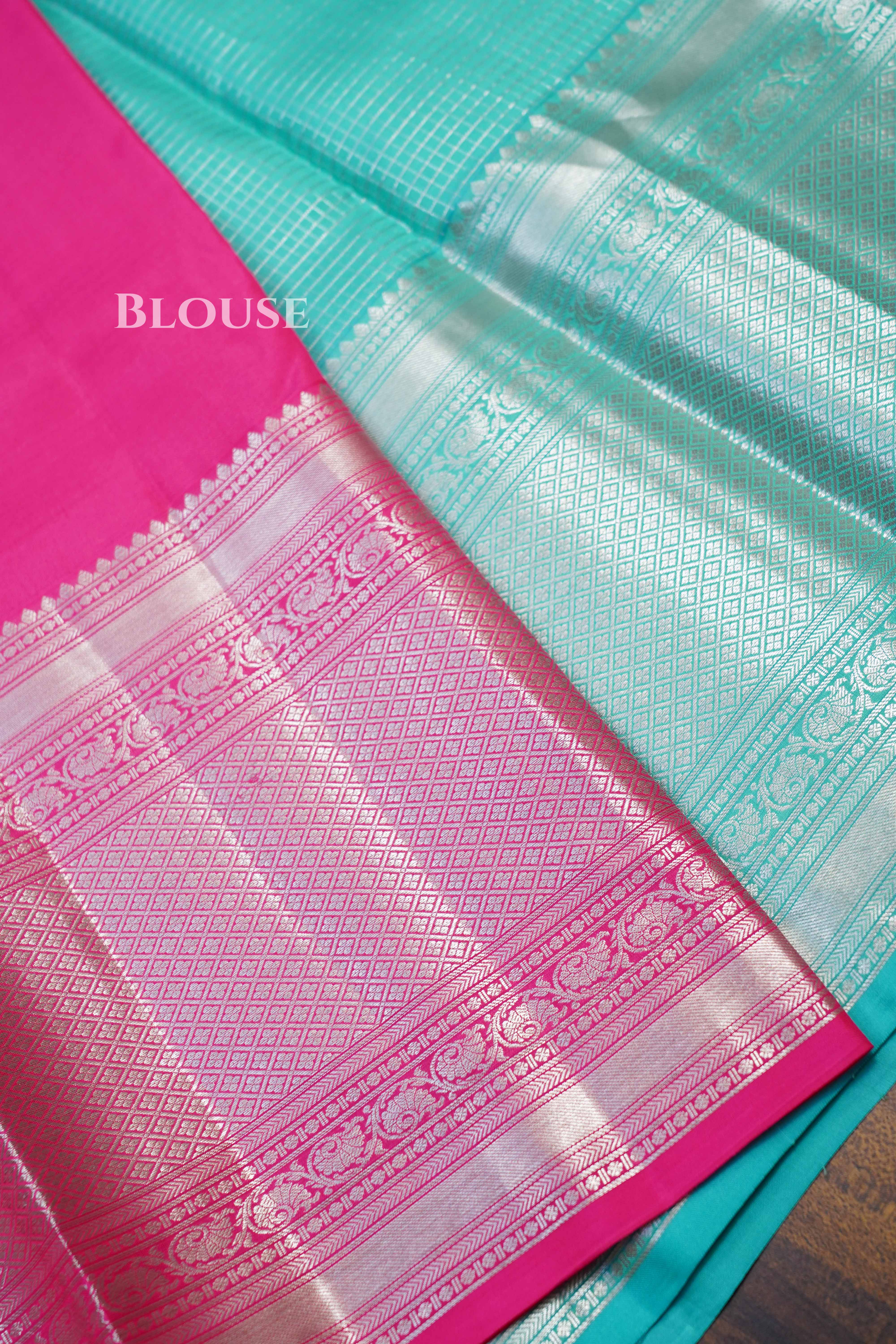 Pastel Shade Of Blue With Pink Kanchivaram Silk Saree