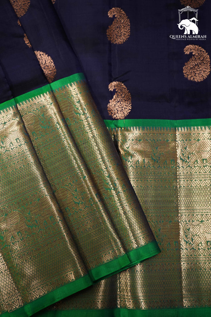 DARK PURPLE WITH SPRING GREEN KANCHIVARAM SILK SAREE - Queens Jewel Emporium