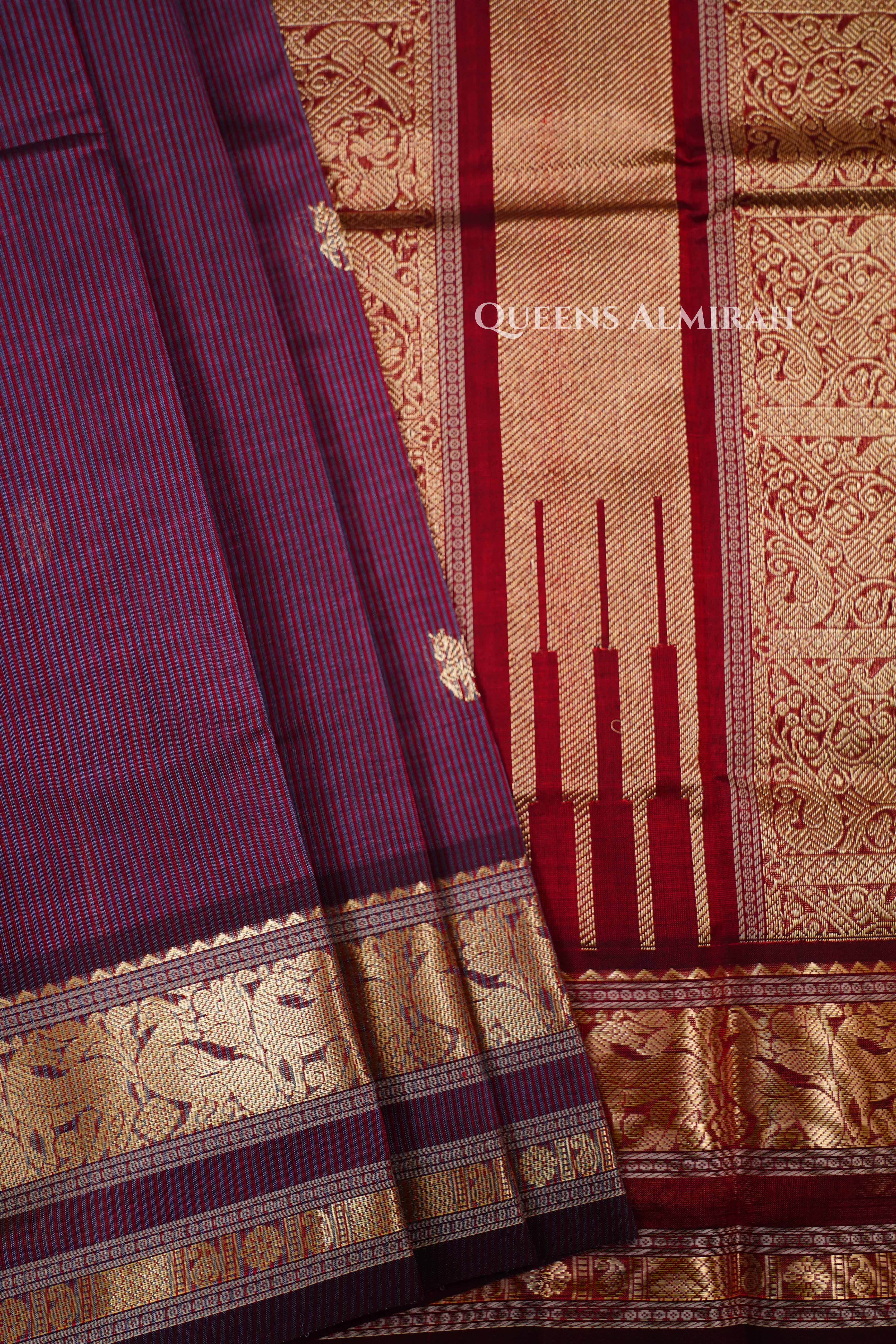 Wine Berry Karaikudi Chettinad Silk Cotton Saree