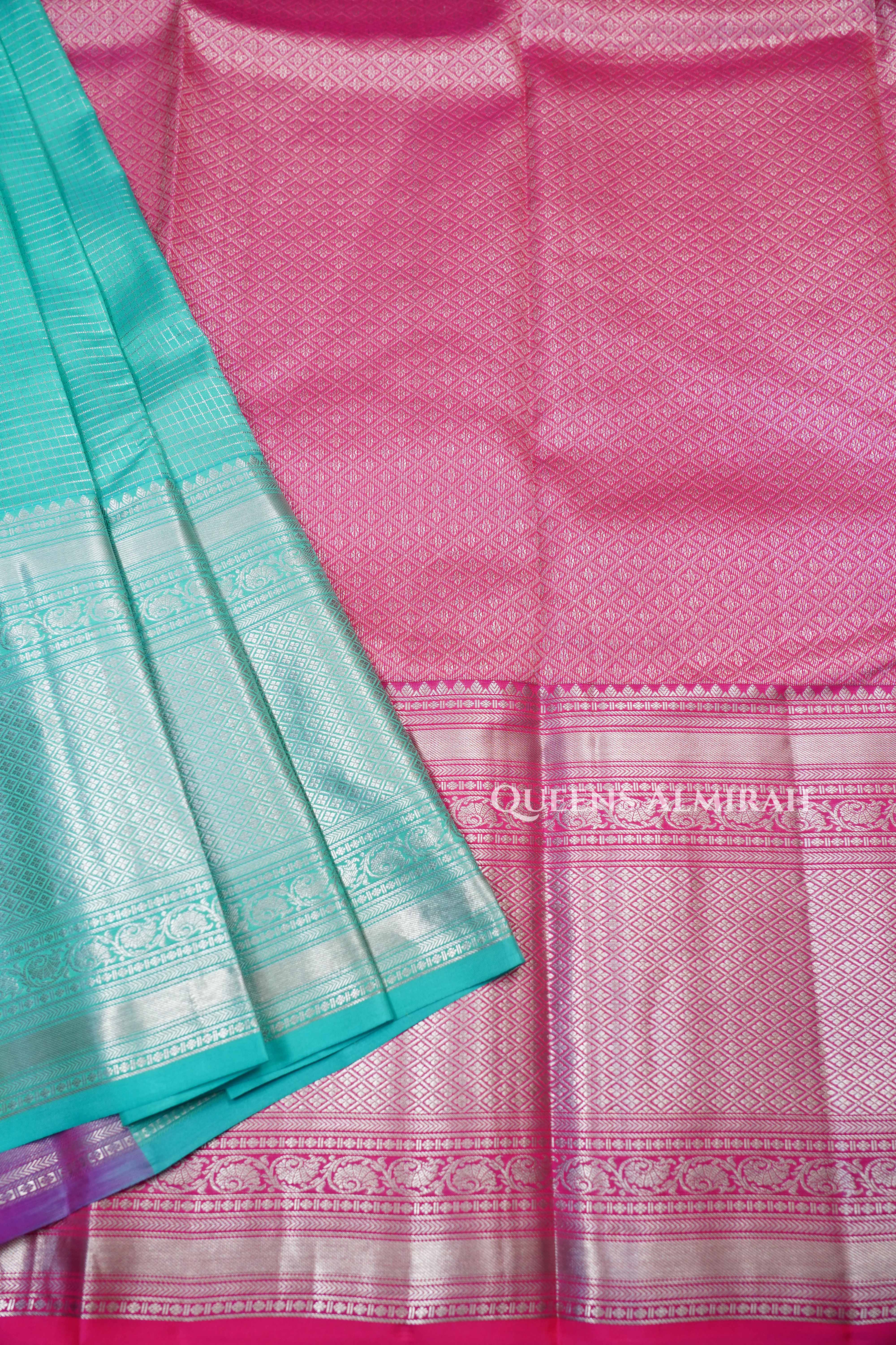 Pastel Shade Of Blue With Pink Kanchivaram Silk Saree