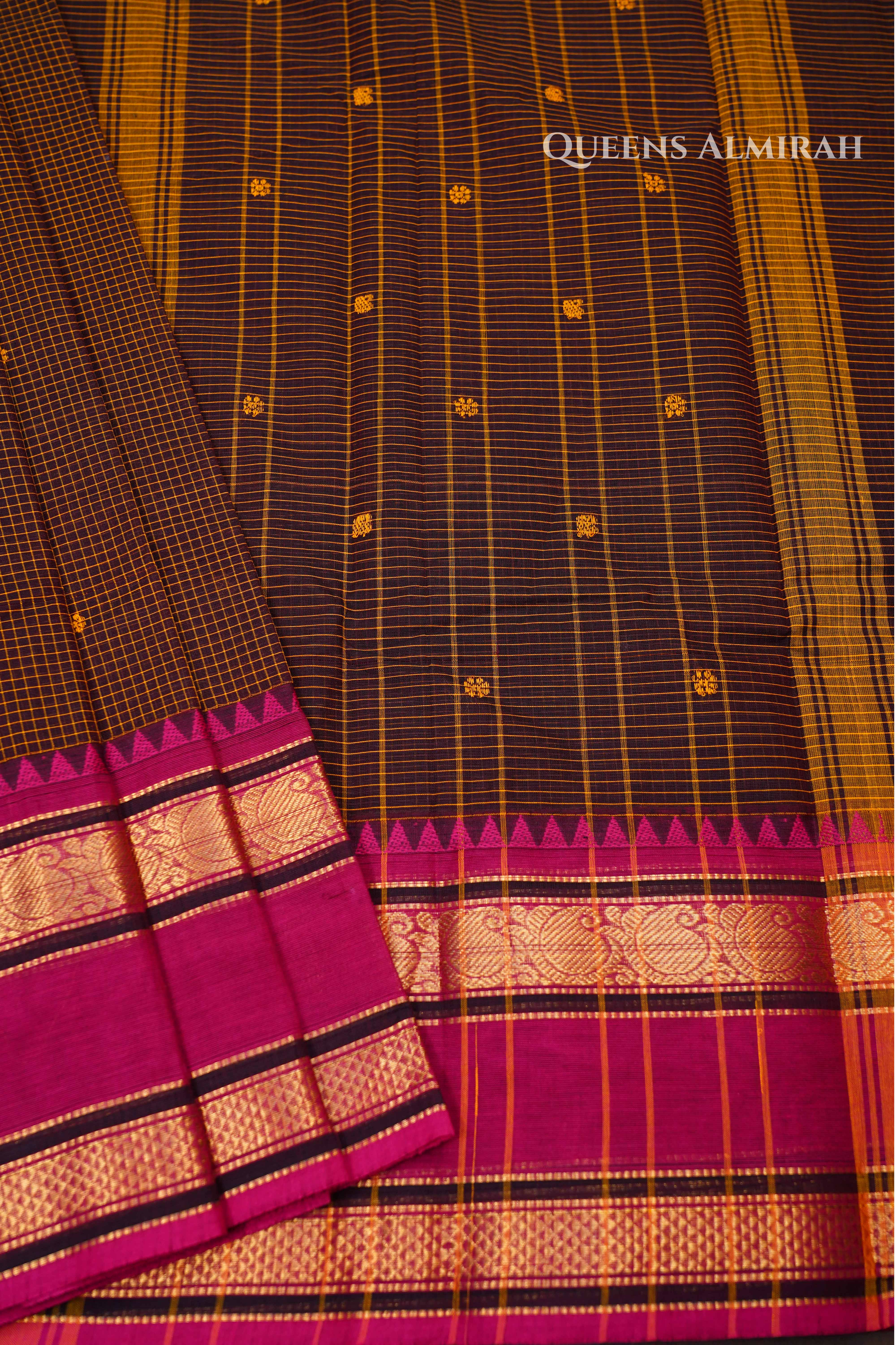 Dark Brown With RaniPink Kanchi Cotton Saree