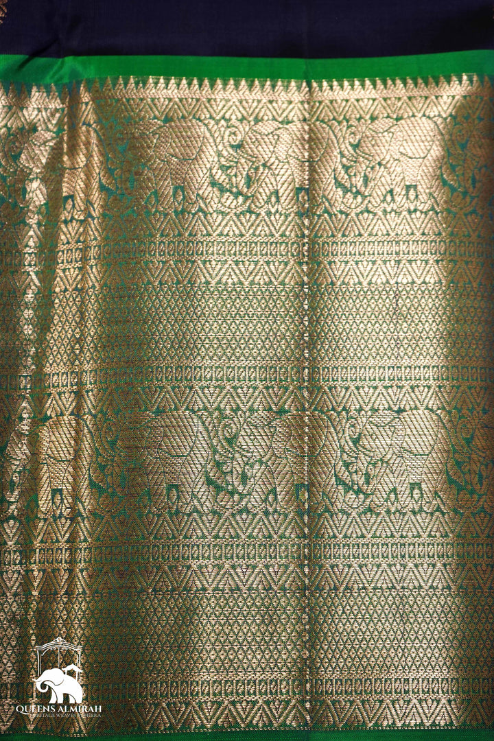 DARK PURPLE WITH SPRING GREEN KANCHIVARAM SILK SAREE - Queens Jewel Emporium