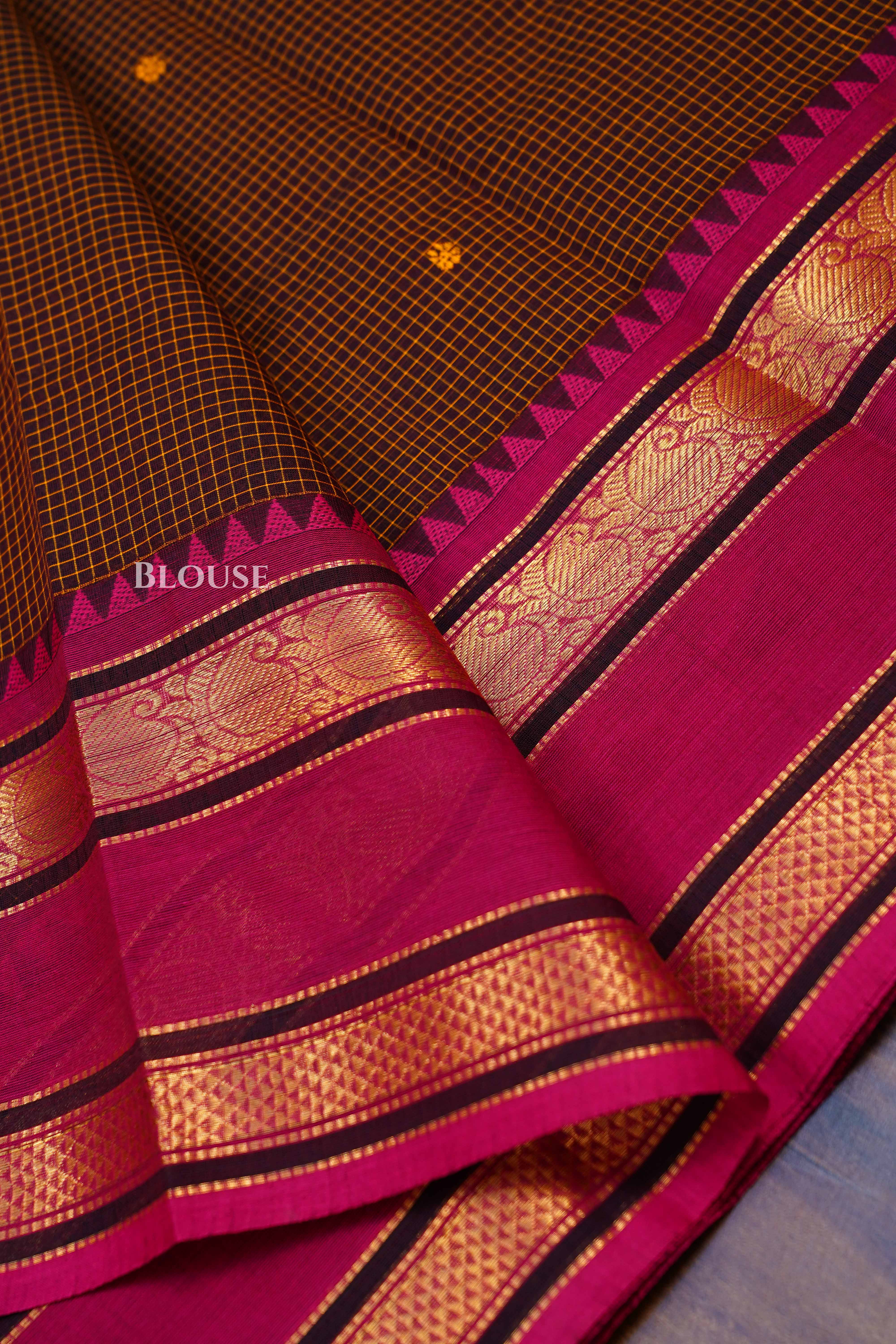 Dark Brown With RaniPink Kanchi Cotton Saree