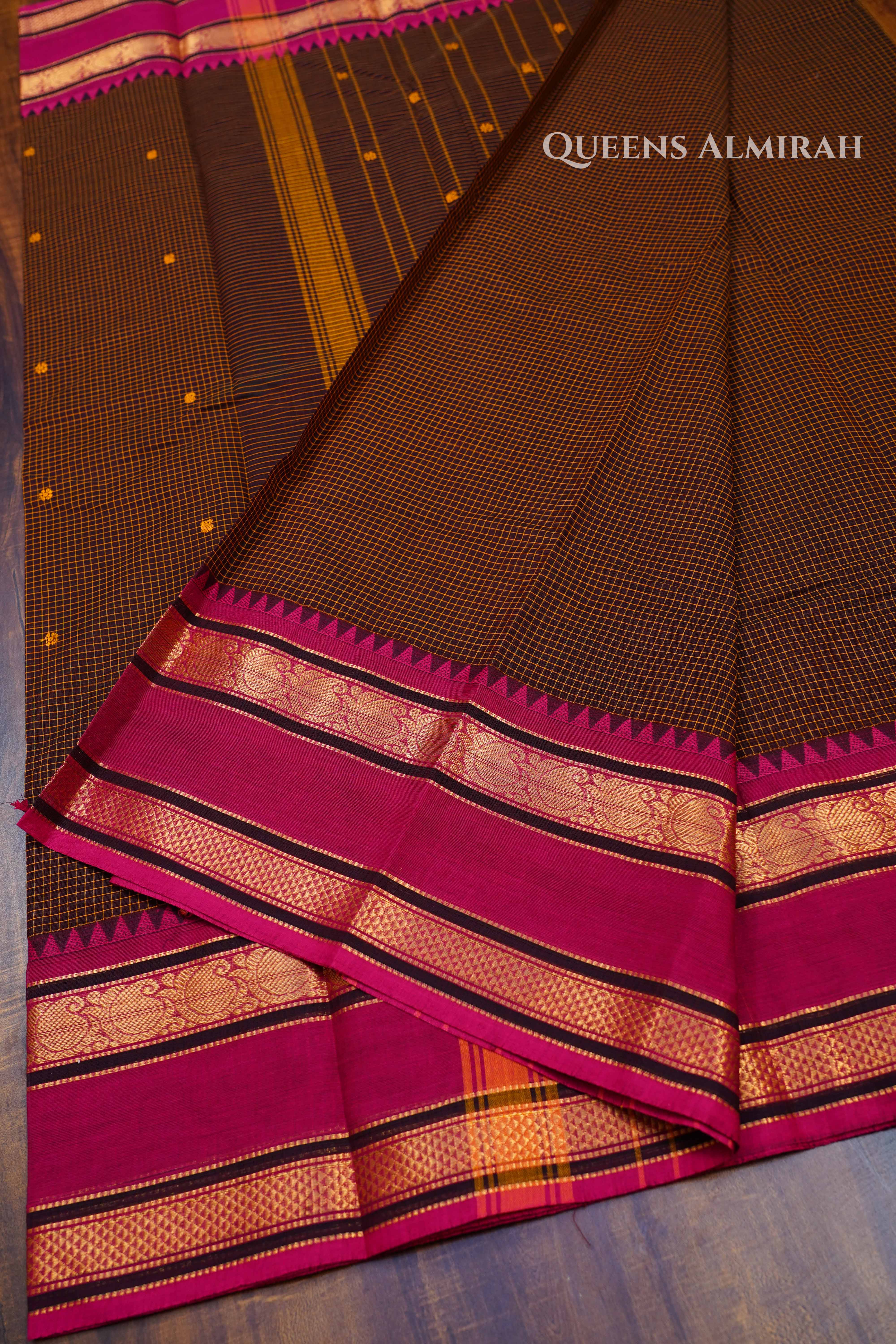 Dark Brown With RaniPink Kanchi Cotton Saree