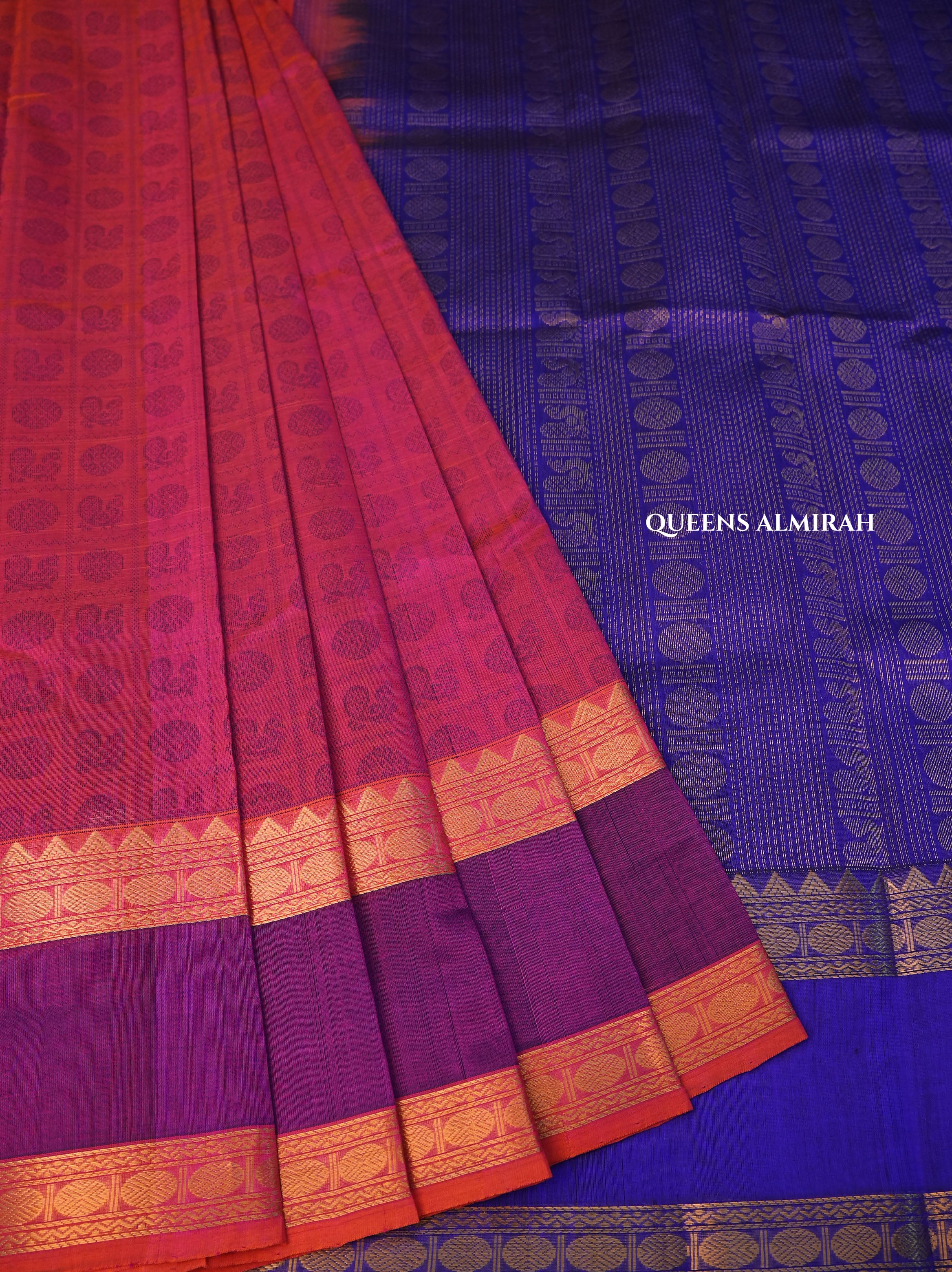 Coral Peach With Purple Pure Silk Cotton Saree