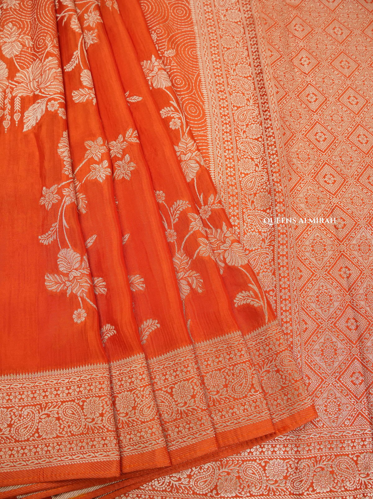 Rust Orange Banarasi Satin Silk Saree