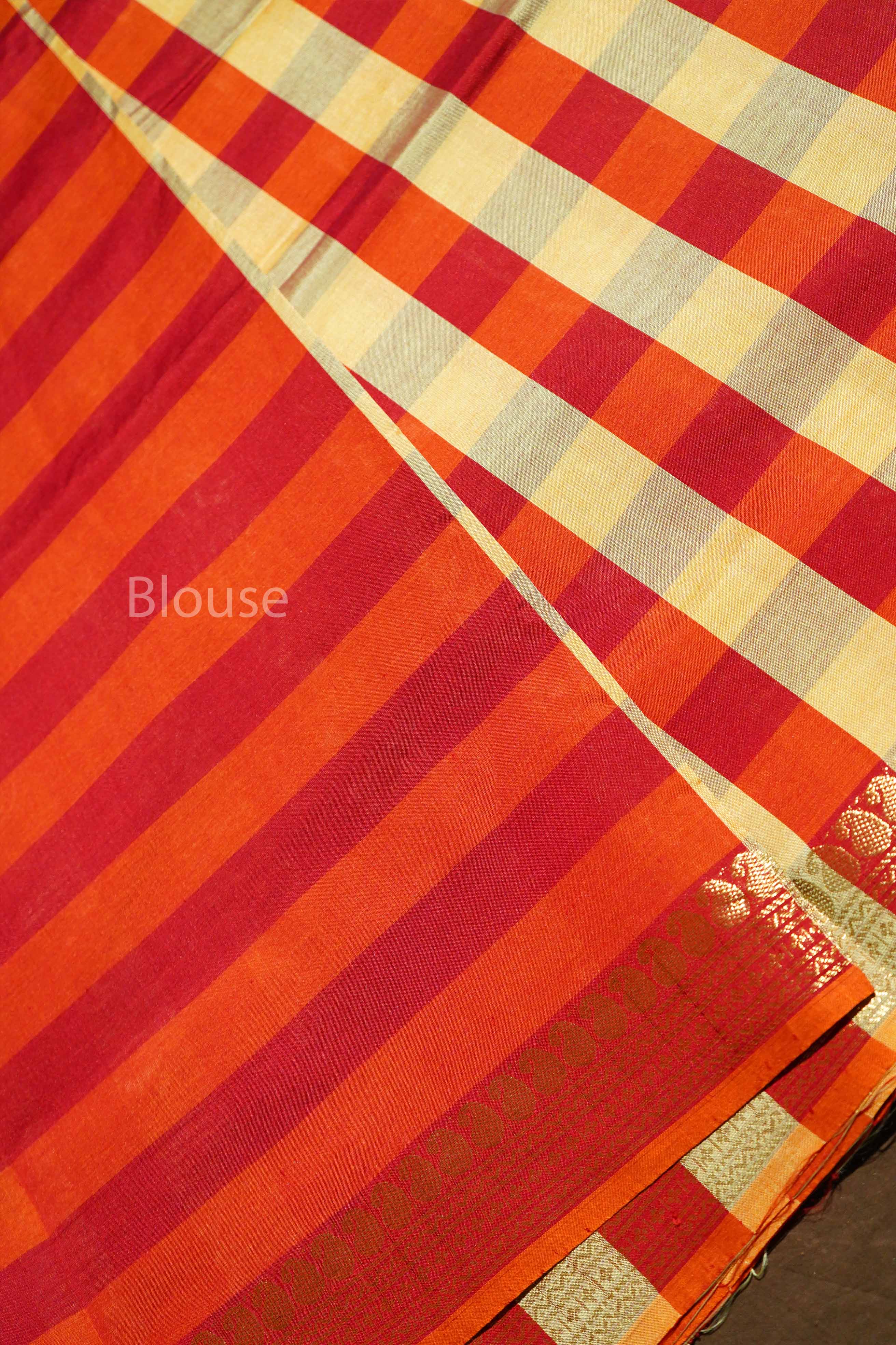 Red With Pastel Yellow Checks Semi Silk Cotton Saree
