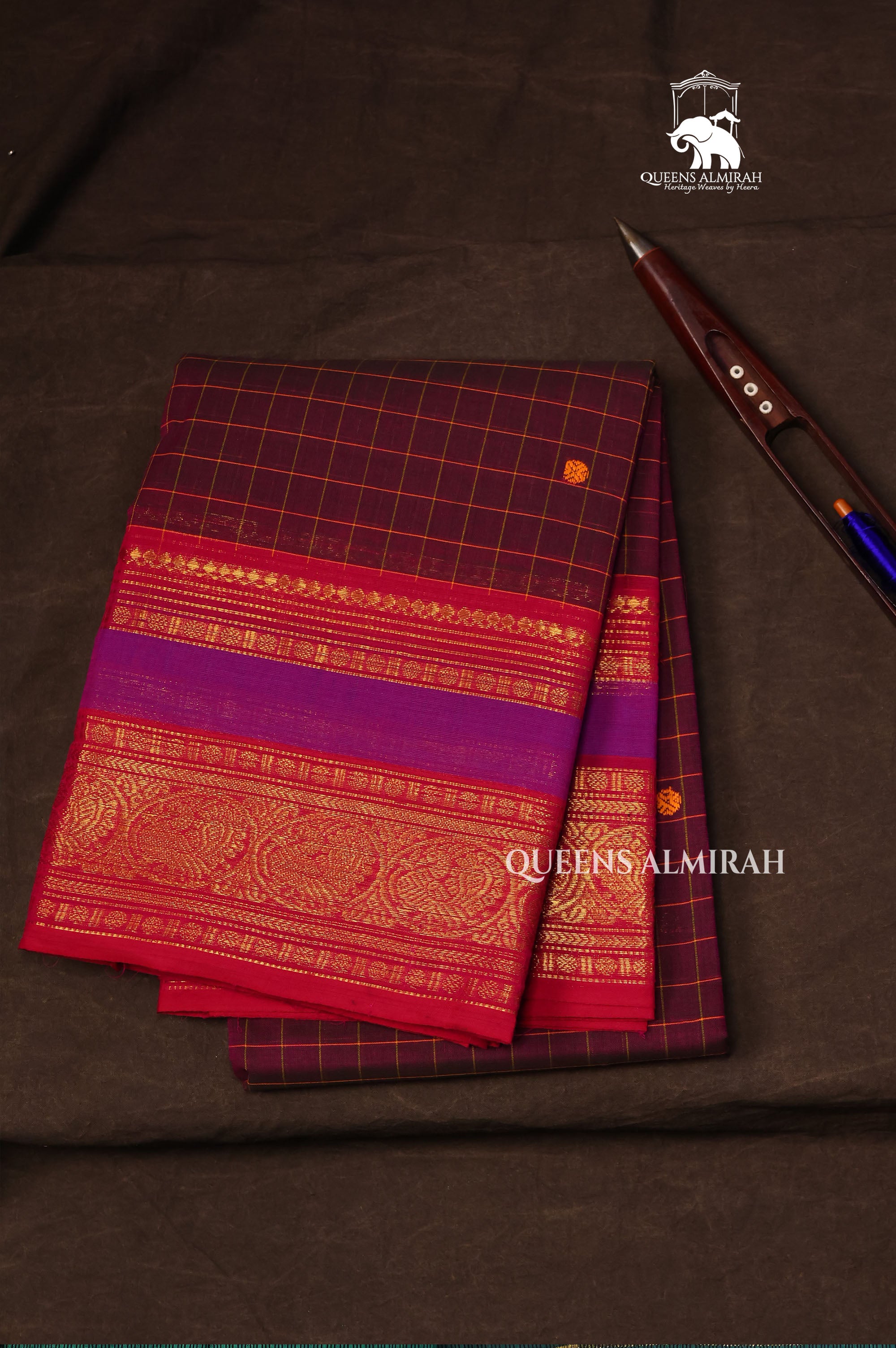 Maroon Kattam With Red Kanchi Cotton Saree